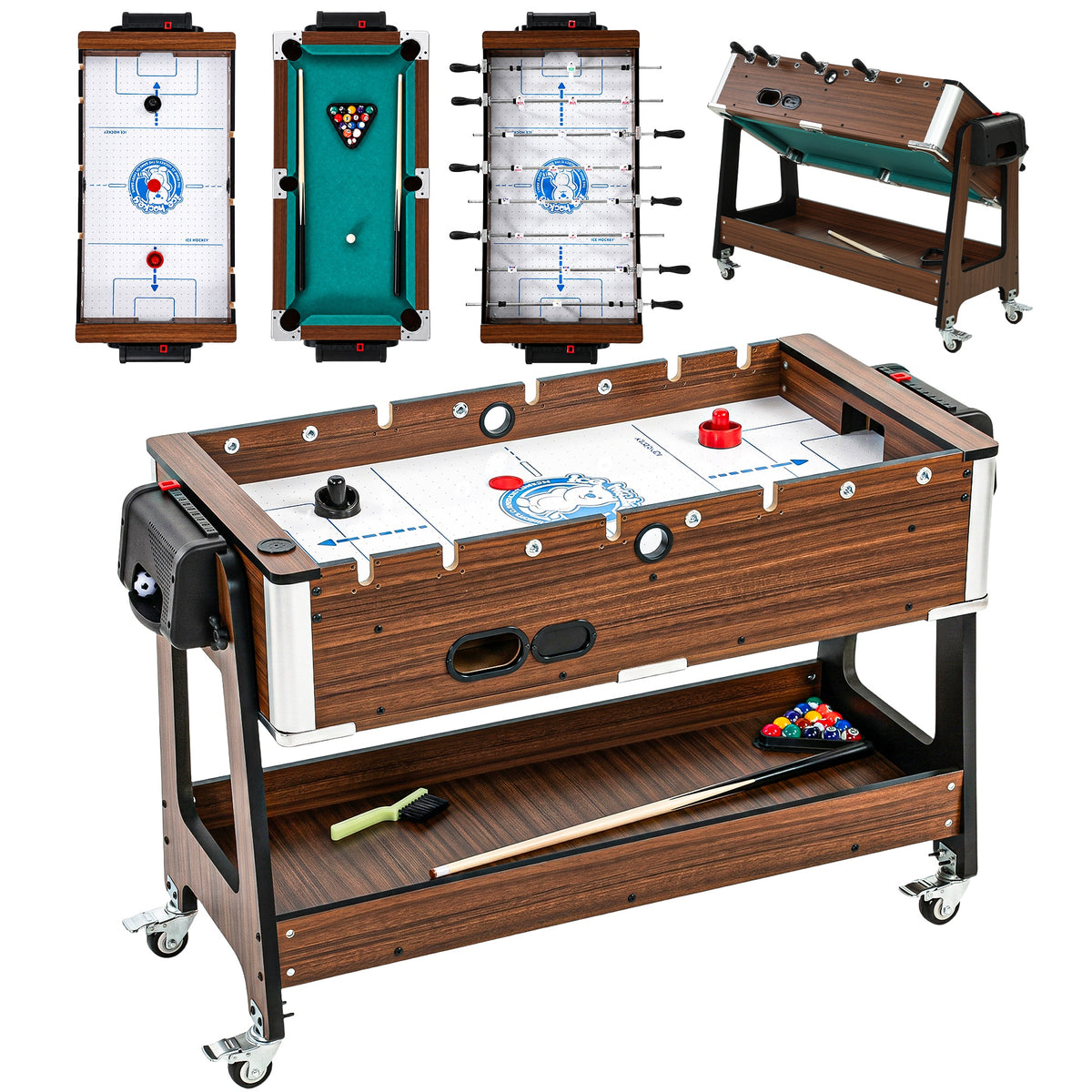 SPORTNOW 3 In 1 Reversible Multi Game Table With Lockable Wheels And Shelf