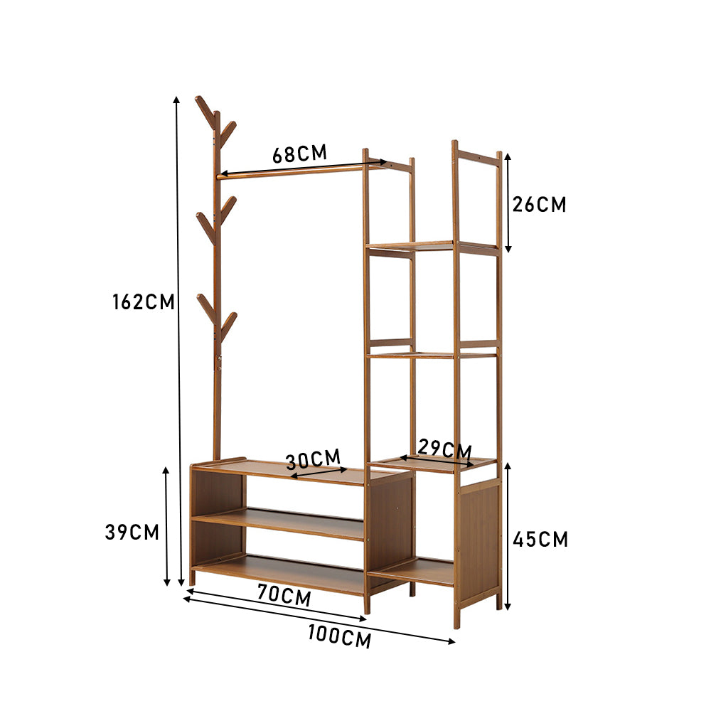 Bamboo Freestanding Clothes Rack Garment Organizer With Storage Shelves For Closet Or Bedroom | Small | Brown