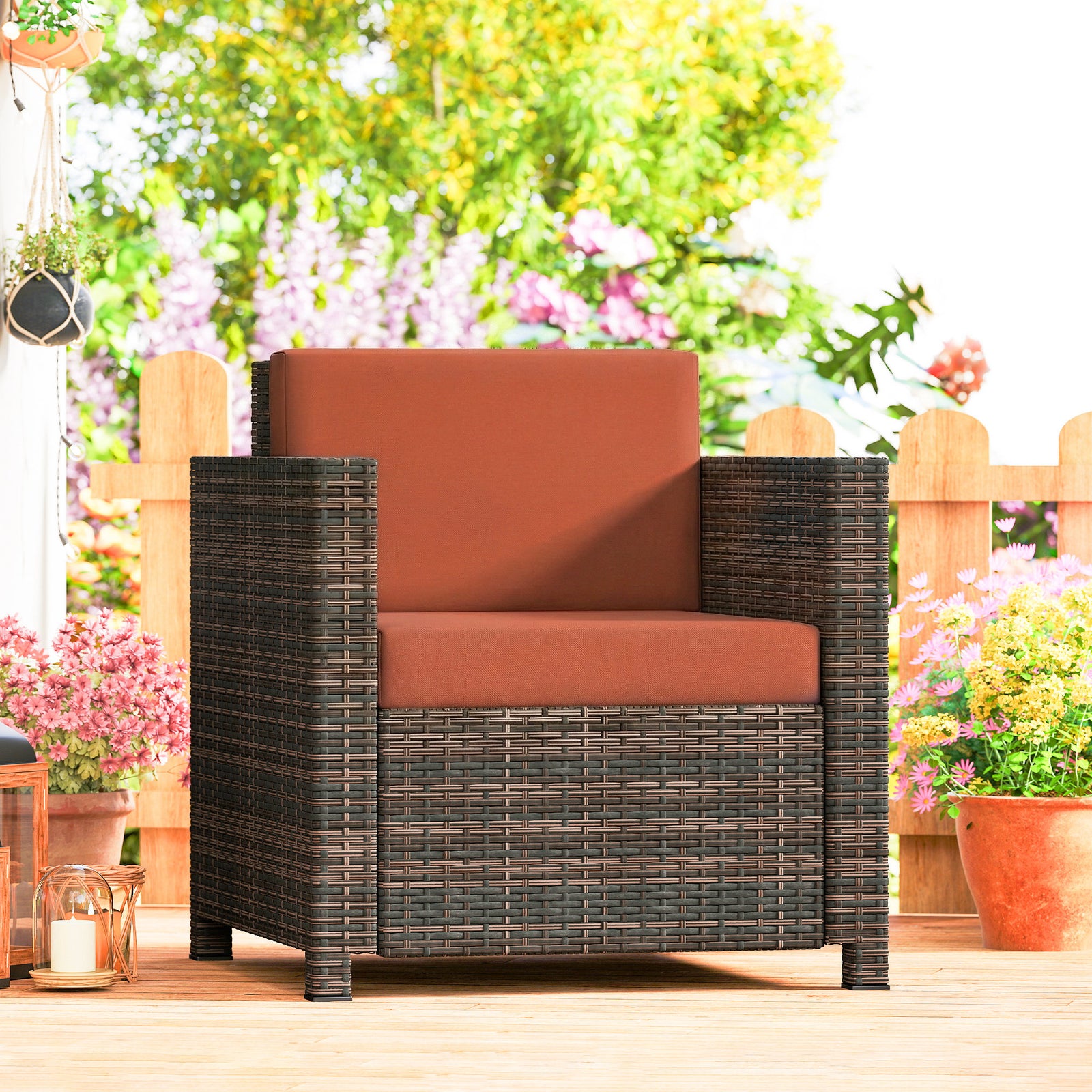 Rattan Garden Armchair, Cushioned Single Rattan Chair | Orange