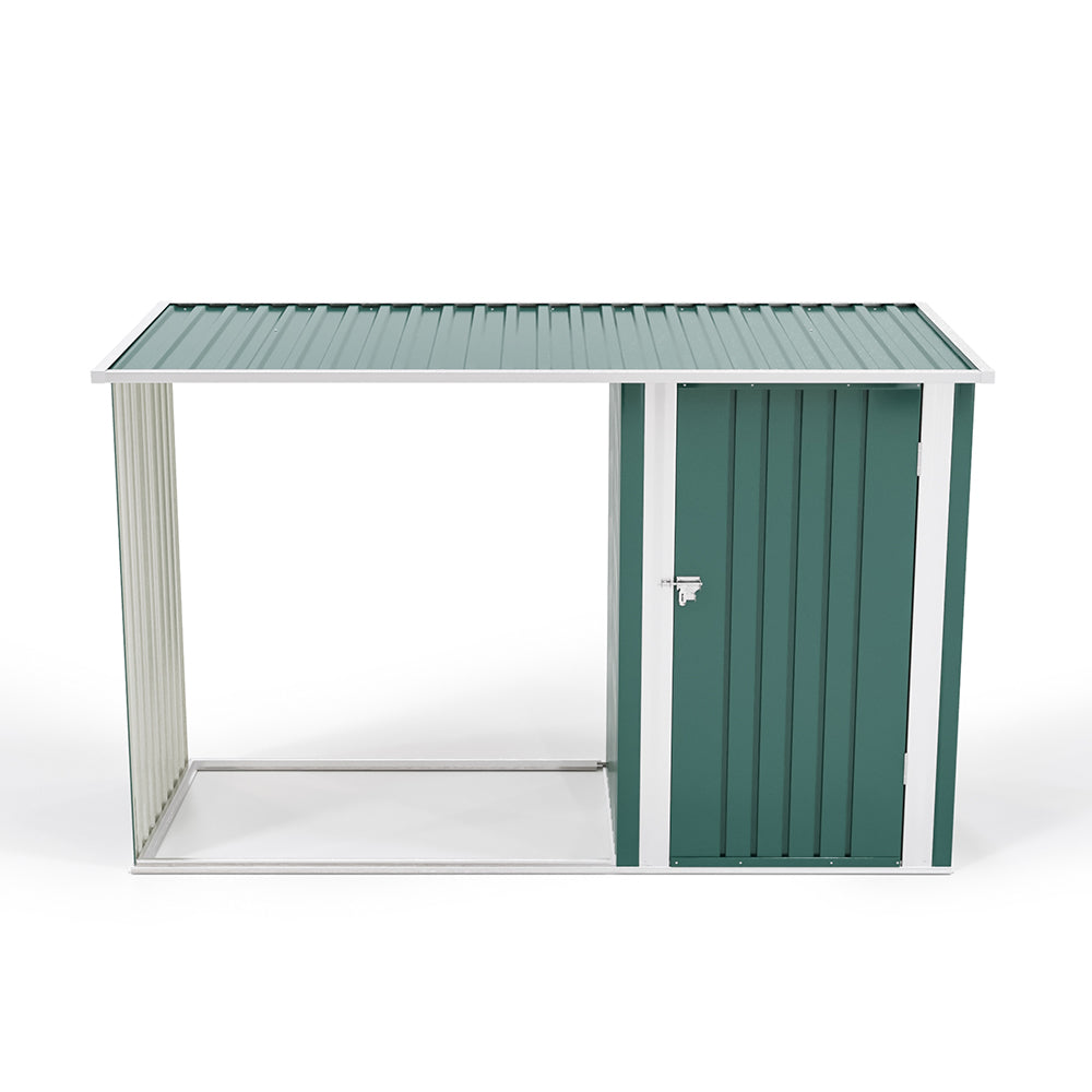 2.5m W Steel Outdoor Garden Storage Shed With Log Stacking Rack | Green