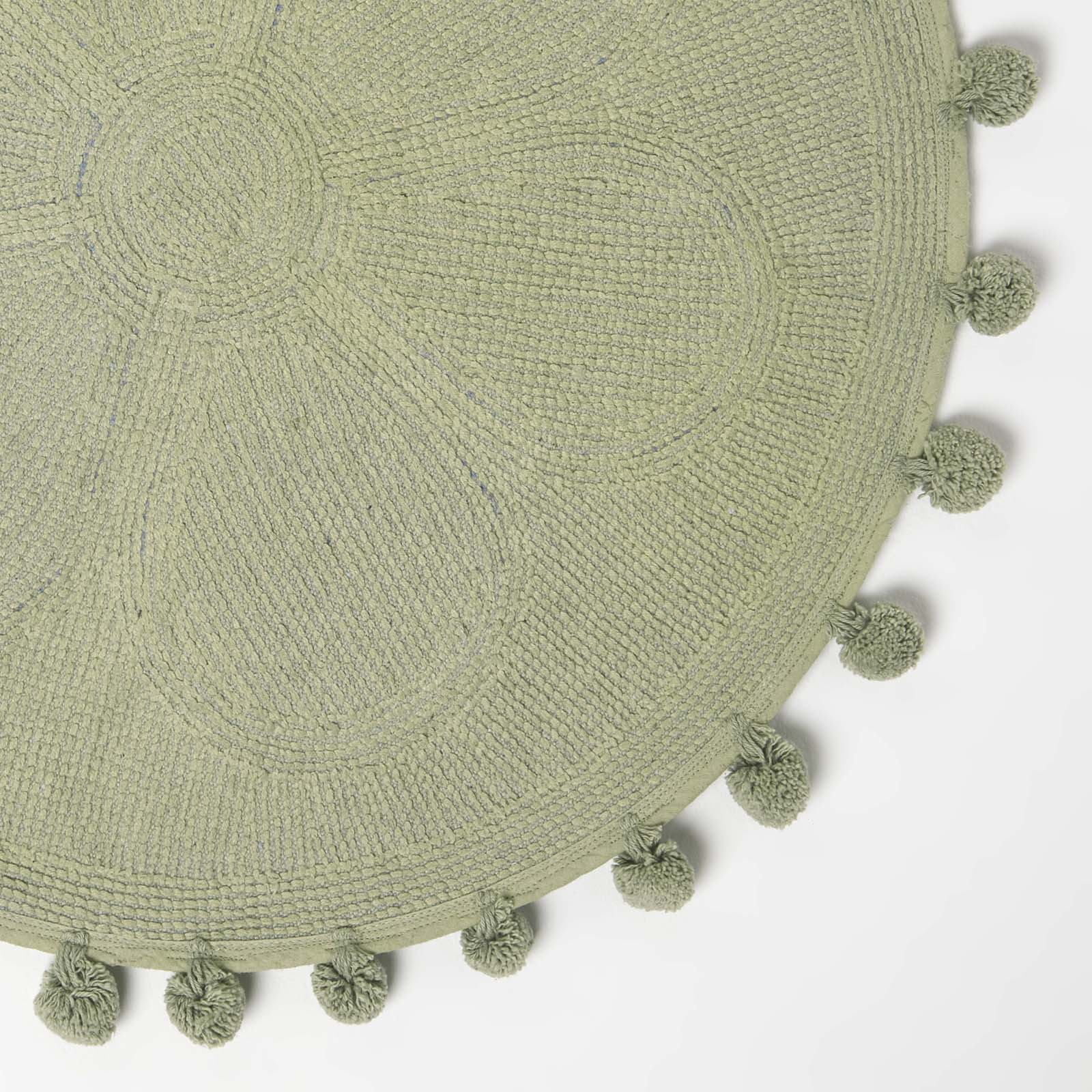 Floral Tufted Round Bathmat With Pom Poms | 60cm | Sage Green
