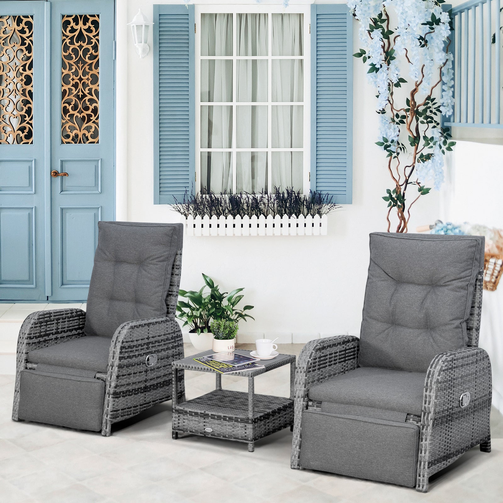 3 Pcs Patio Rattan Wicker Chaise Lounge Sofa Set W/ Cushion | Dark Gray
