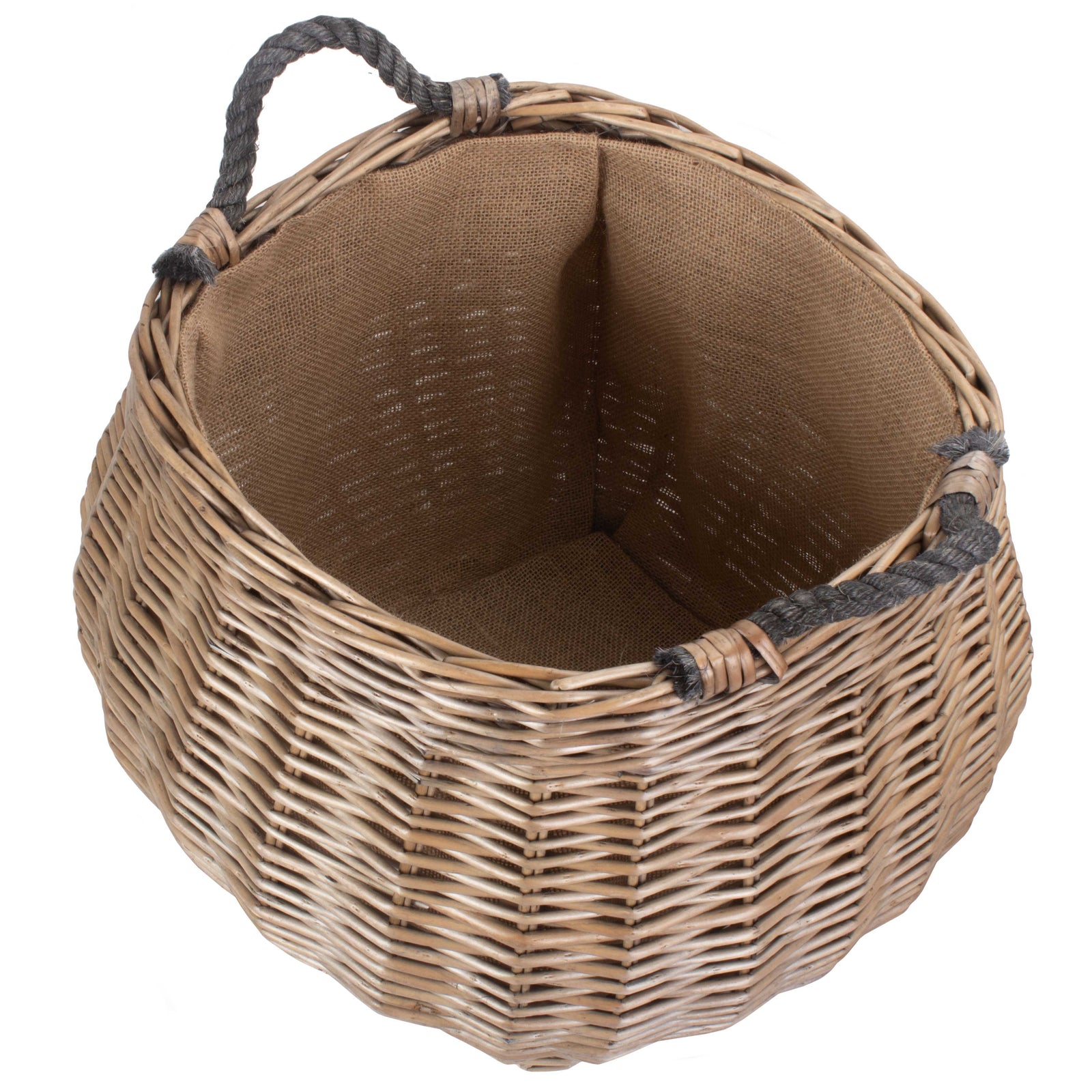 Wicker Curve Sided Antique Wash Hessian Lined Log Basket