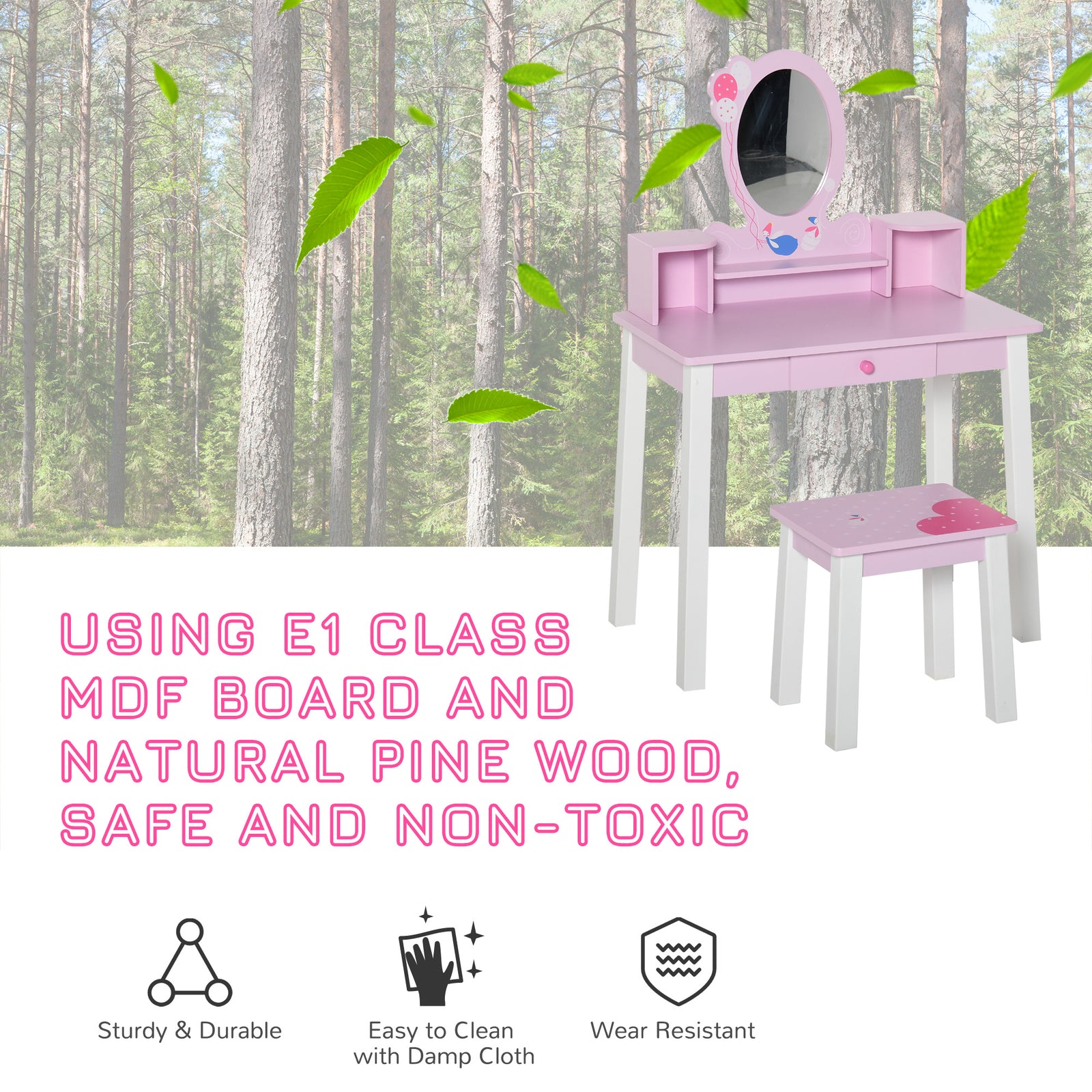 Kids Wooden Dressing Table With Stool Mirror Table And Desk Set Toys Pink
