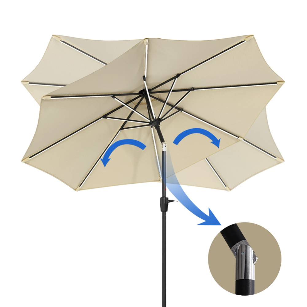 3m Solar Led Patio Umbrella, Outdoor Parasol With 16 Led Tubes, Crank Lift & Push Button Tilt With Round Base | One Size | Beige