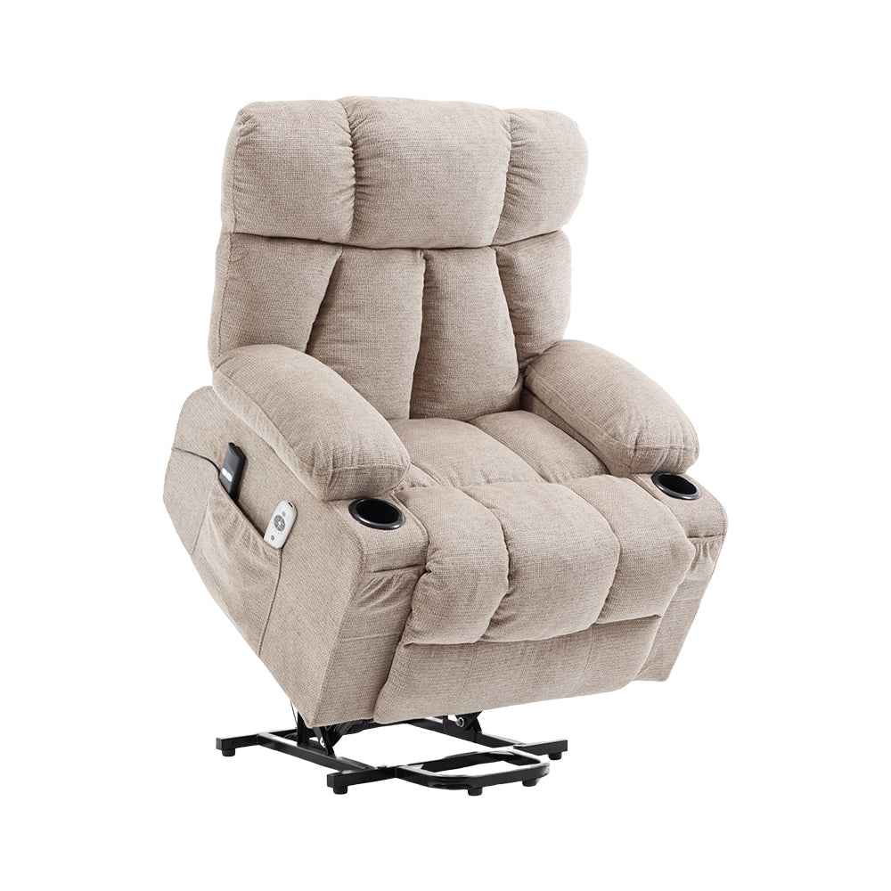 Oatmeal Electric Recliner Chair, Chenille Fabric, Heat & Massage, Cup Holders & Side Pockets