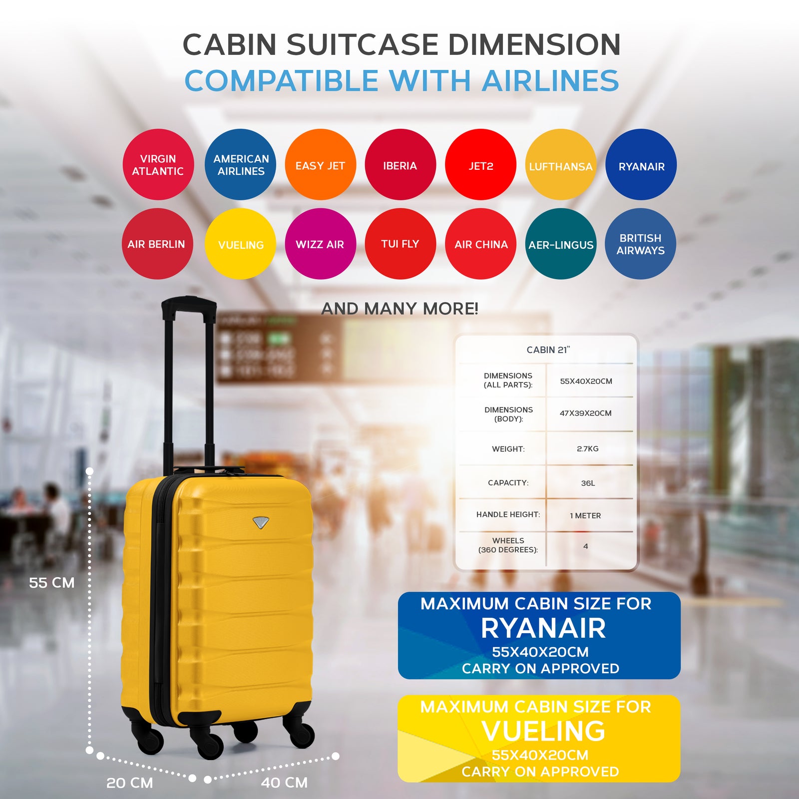 55x40x20cm Lightweight Luggage Hard Shell Cabin Suitcase 60+ Airlines Approved - Carry On Case - 4 Wheels | 55 x 40 x 20cm | Yellow