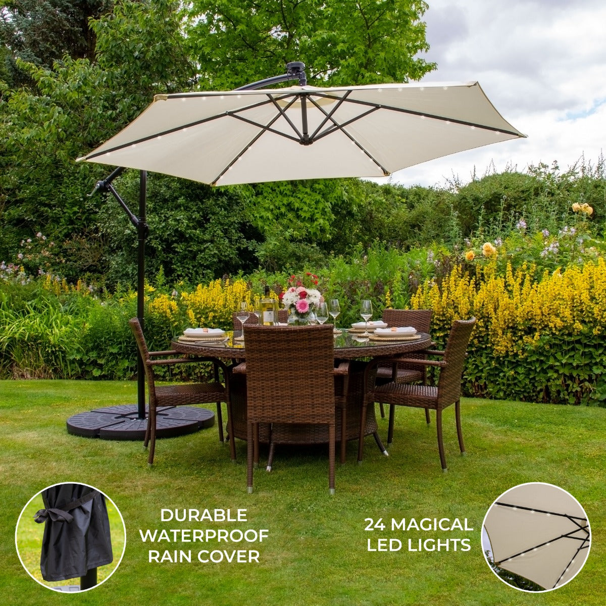 3m Led Cantilever Parasol With Fan Base | Cream