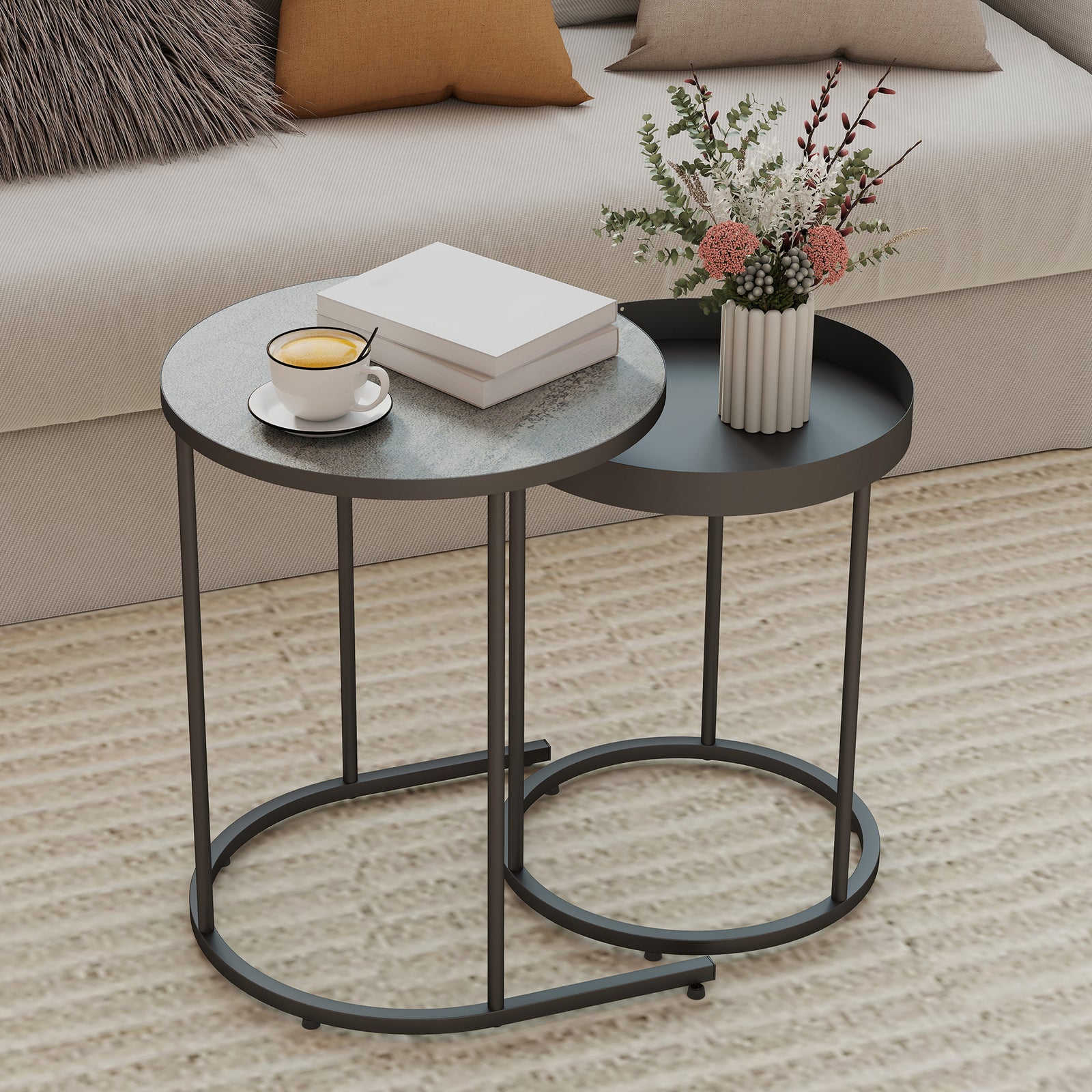 Nesting Side Table Set Of 2, Industrial Round Nest Of Tables | Grey