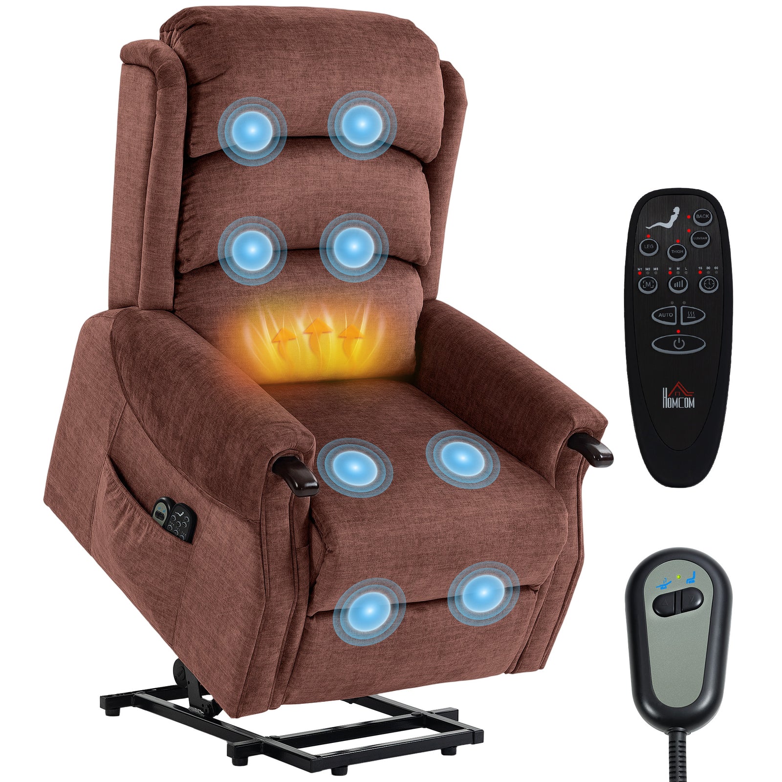 Power Lift Recliner Chair With Vibration And Heat, Wood Grip | Brown