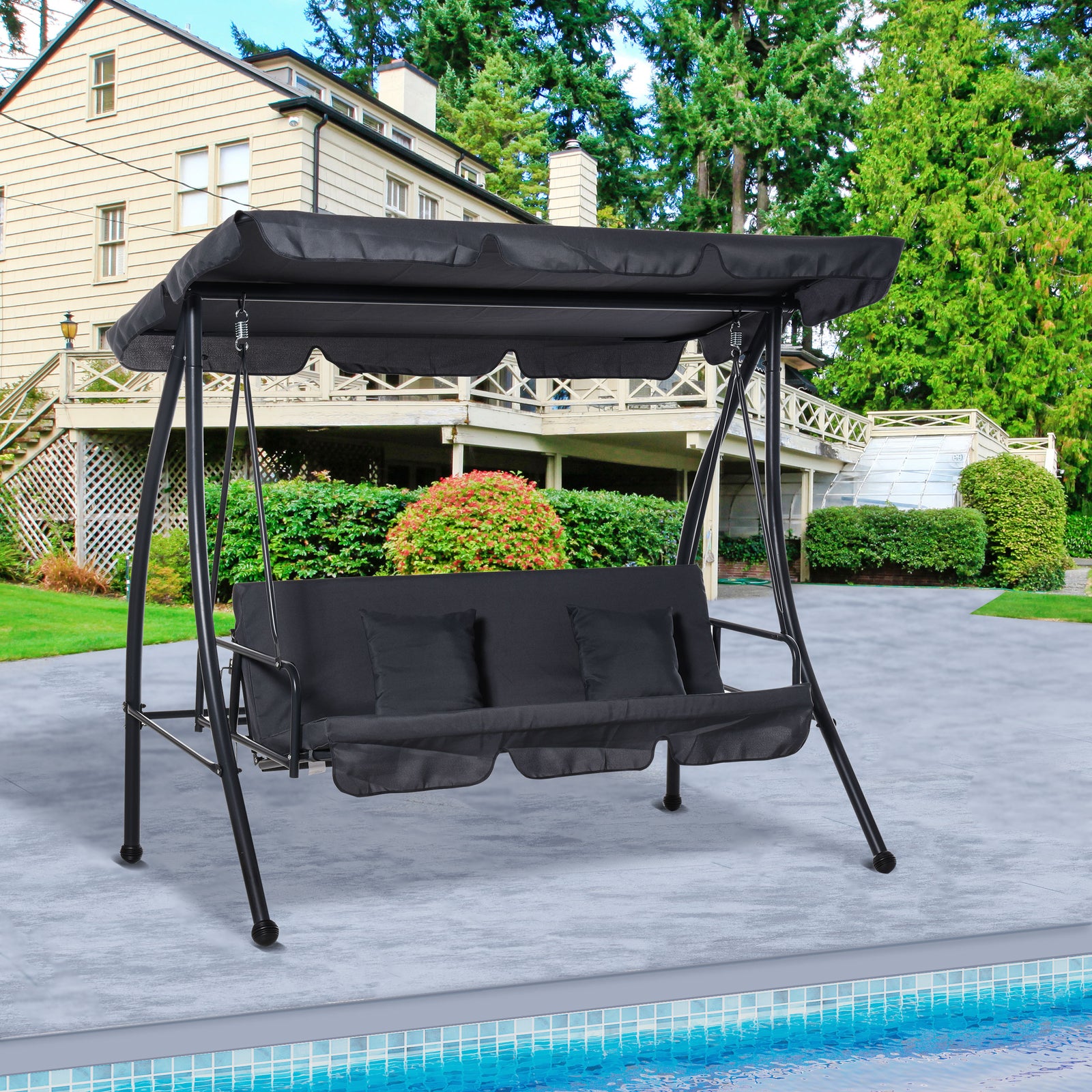2-in-1 Patio Swing Chair 3 Seater Hammock Cushion Bed Tilt