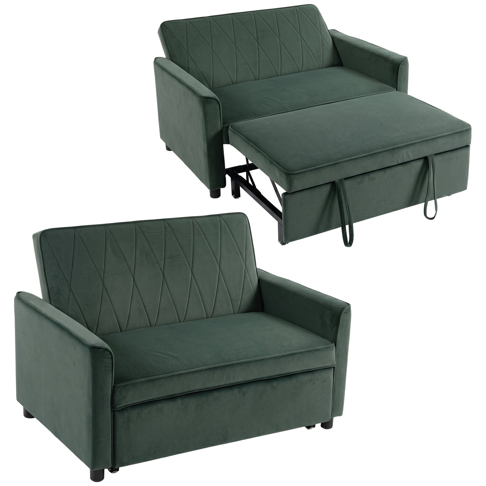 2 Seater Sofa Bed, 3-in-1 Velvet Pull Out Sleeper Sofa | Dark Green