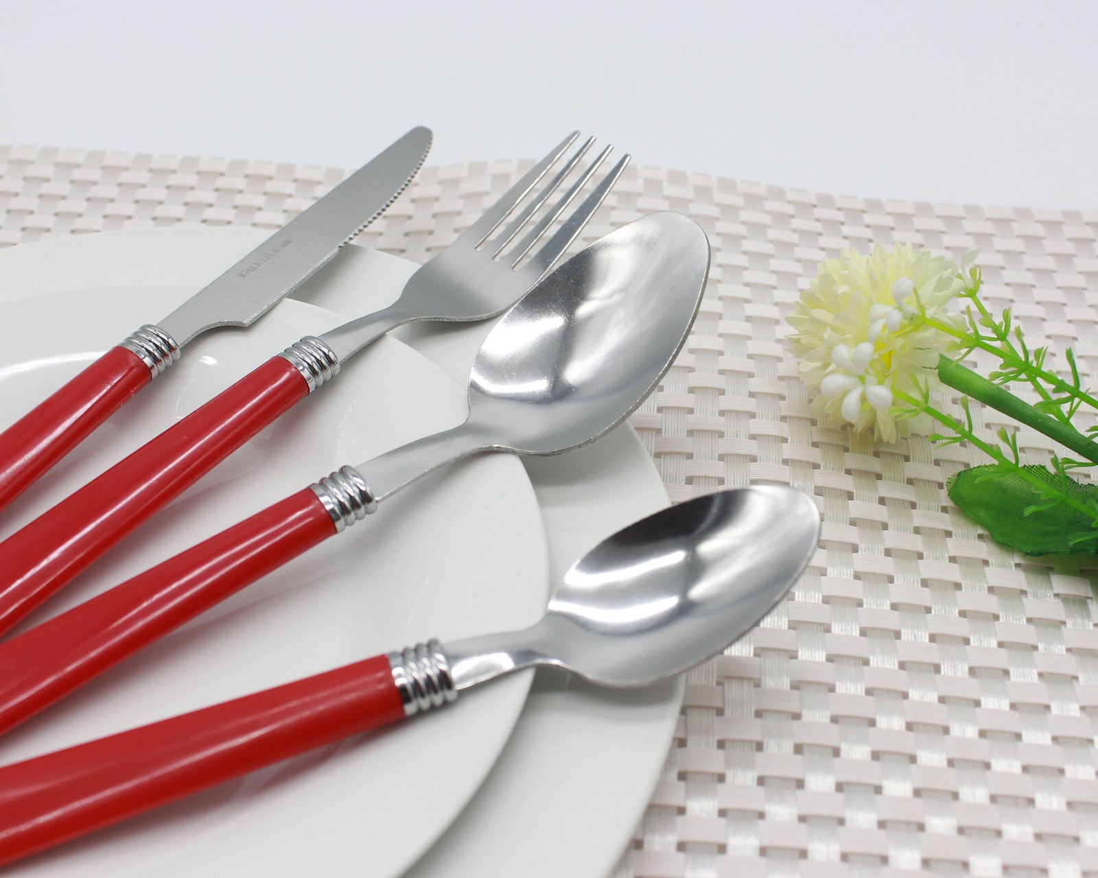 Cutlery Sets Stainless Steel Red Plastic Handle 24 Piece Set