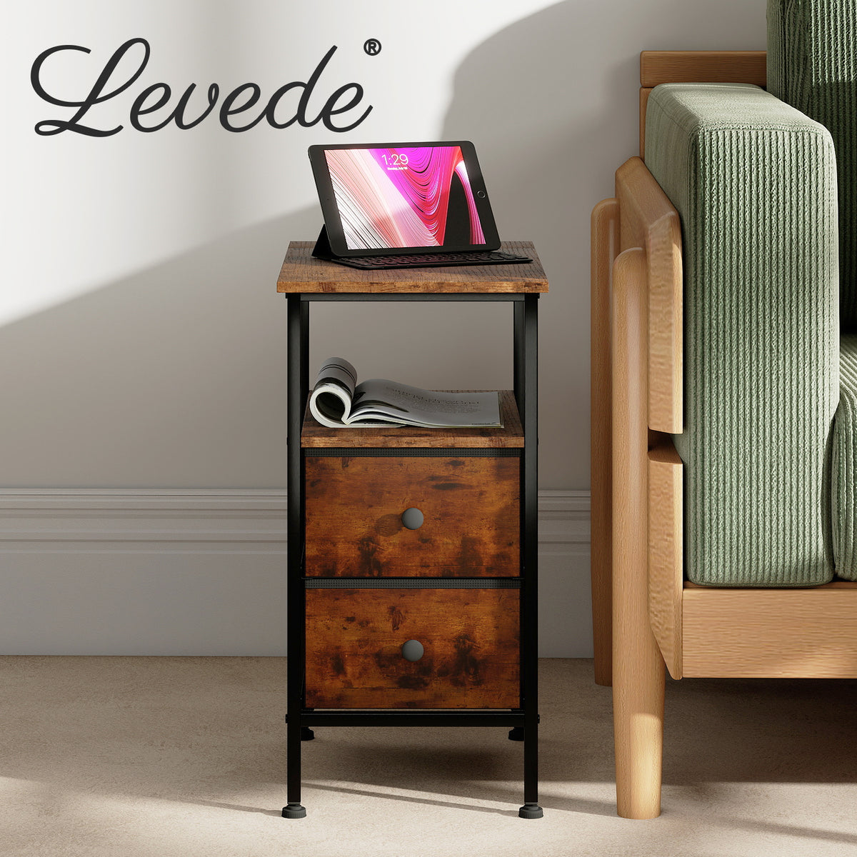 Bedside Table Side Cabinet Storage Nightstand Charging Station 2 Drawers | Brown