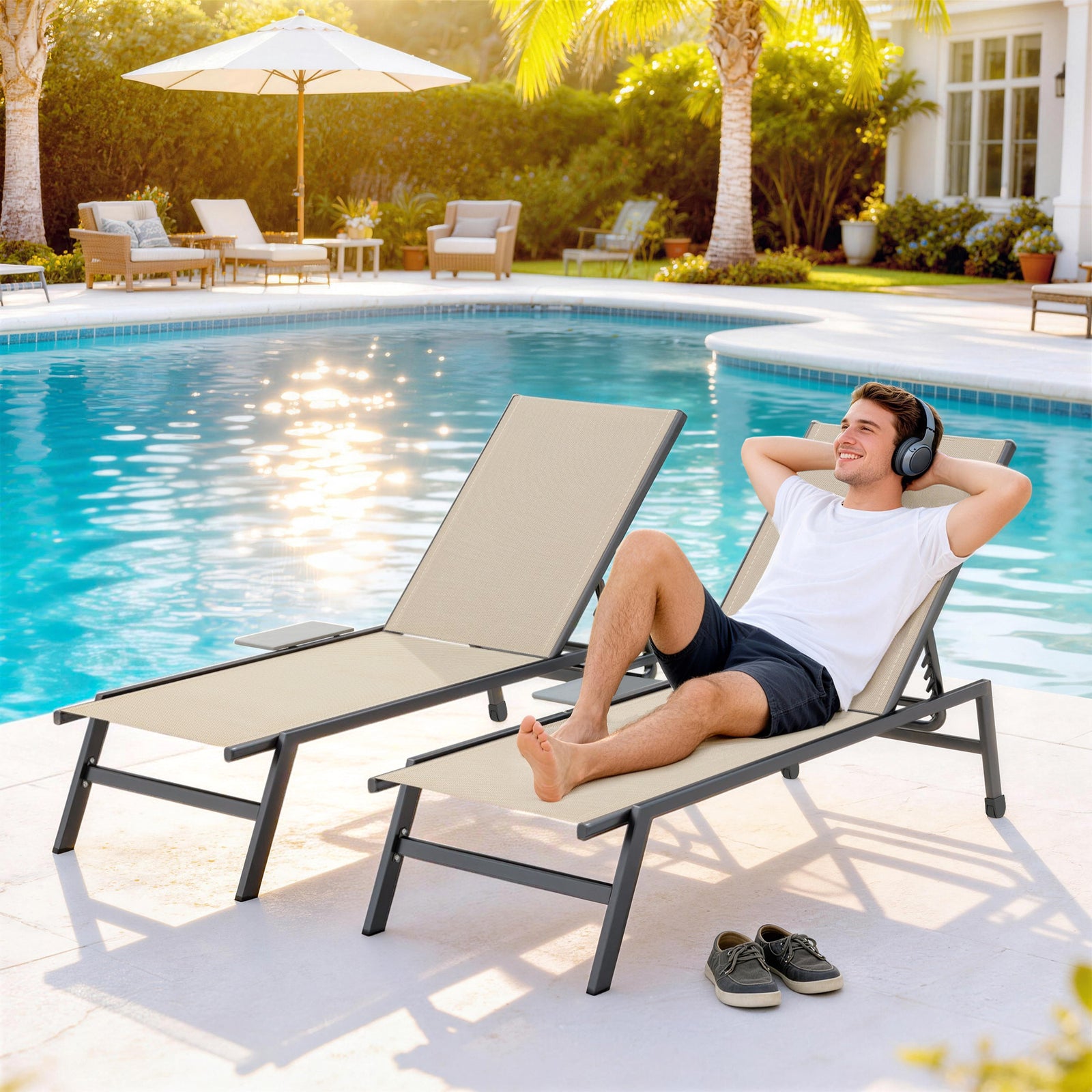 Sun Loungers For Garden Set Of 2 With Side Tray Table | Khaki