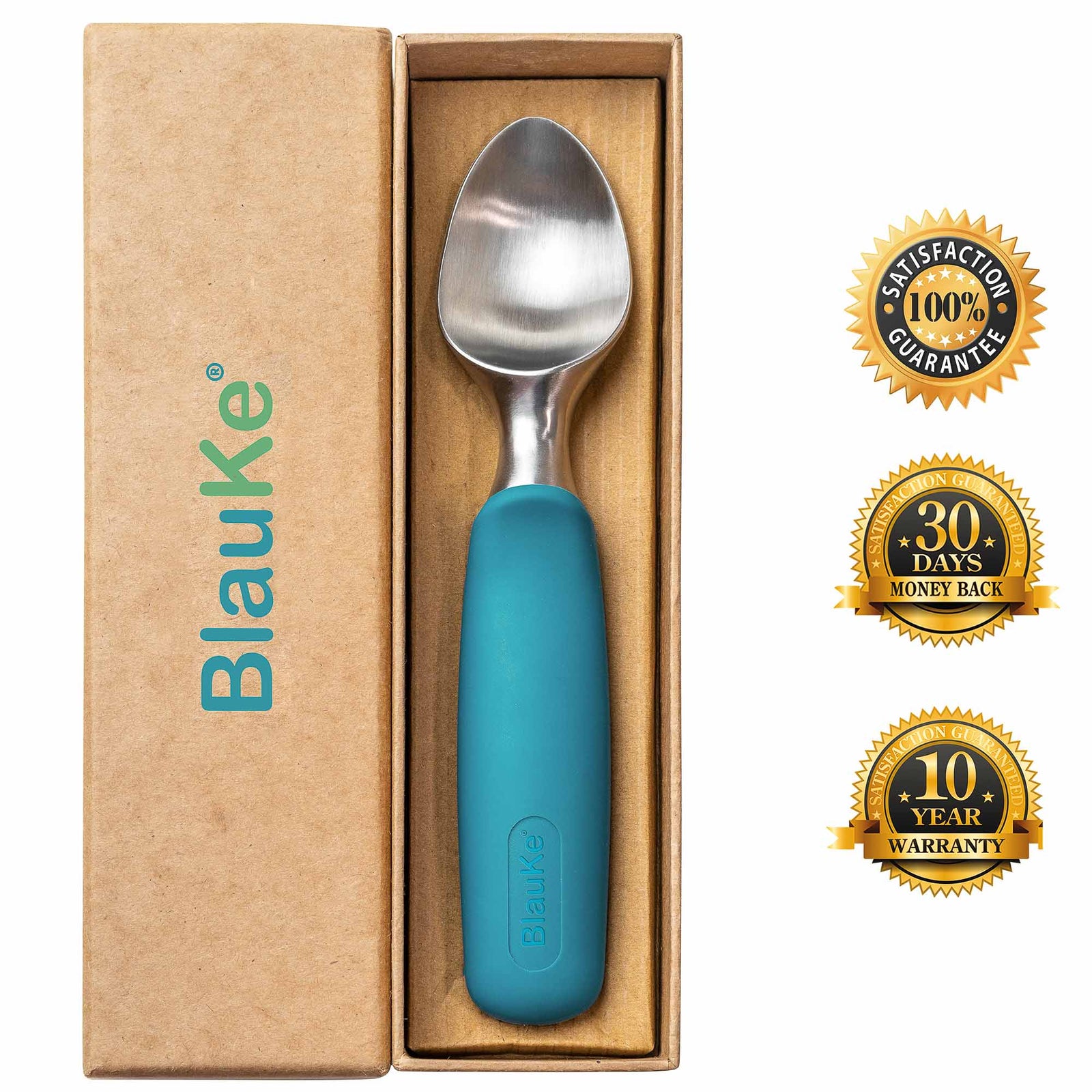 BlauKe Stainless Steel Ice Cream Scoop - Professional Ice Cream Scooper With Comfortable Non-slip Rubber Grip - Dishwasher Safe
