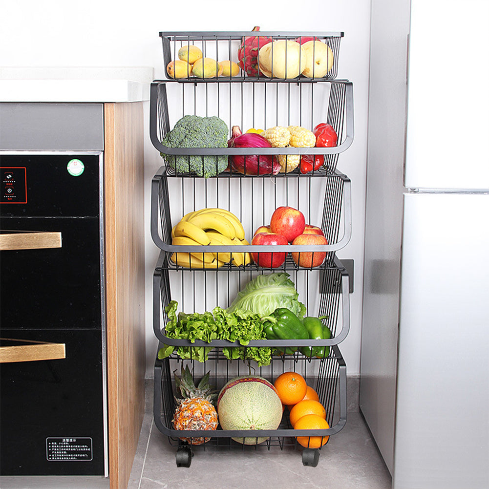 3/4/5 Tier Stackable Rolling Metal Wire Basket Trolley Rack Fruit Vegetable Storage Holder For Kitchen | Large | Black