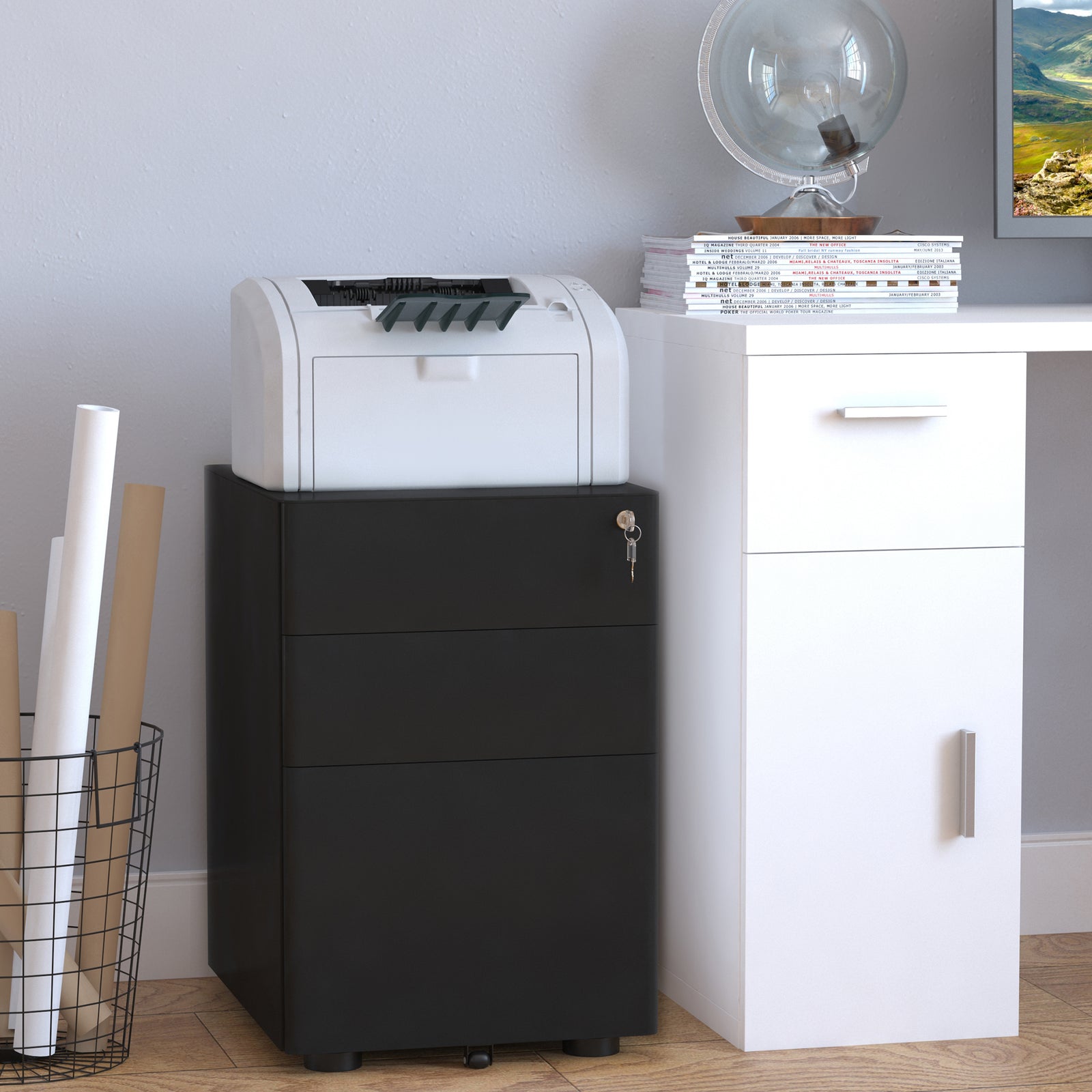 3 Drawer Metal Filing Cabinet Lockable 5 Wheels | One Size | Black