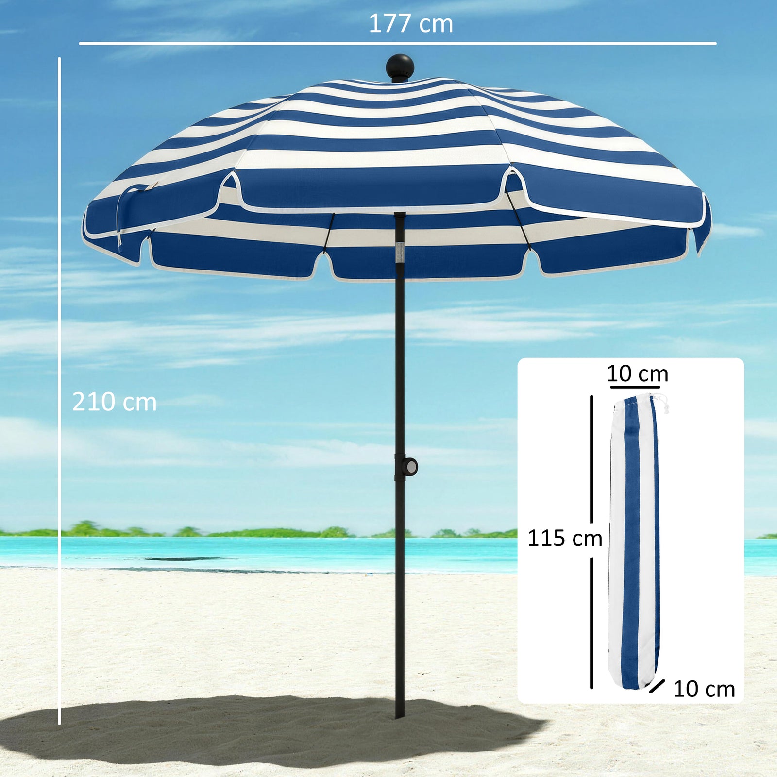 1.8 M Beach Umbrella Parasol With Sand Anchor, Tilt | Blue & White