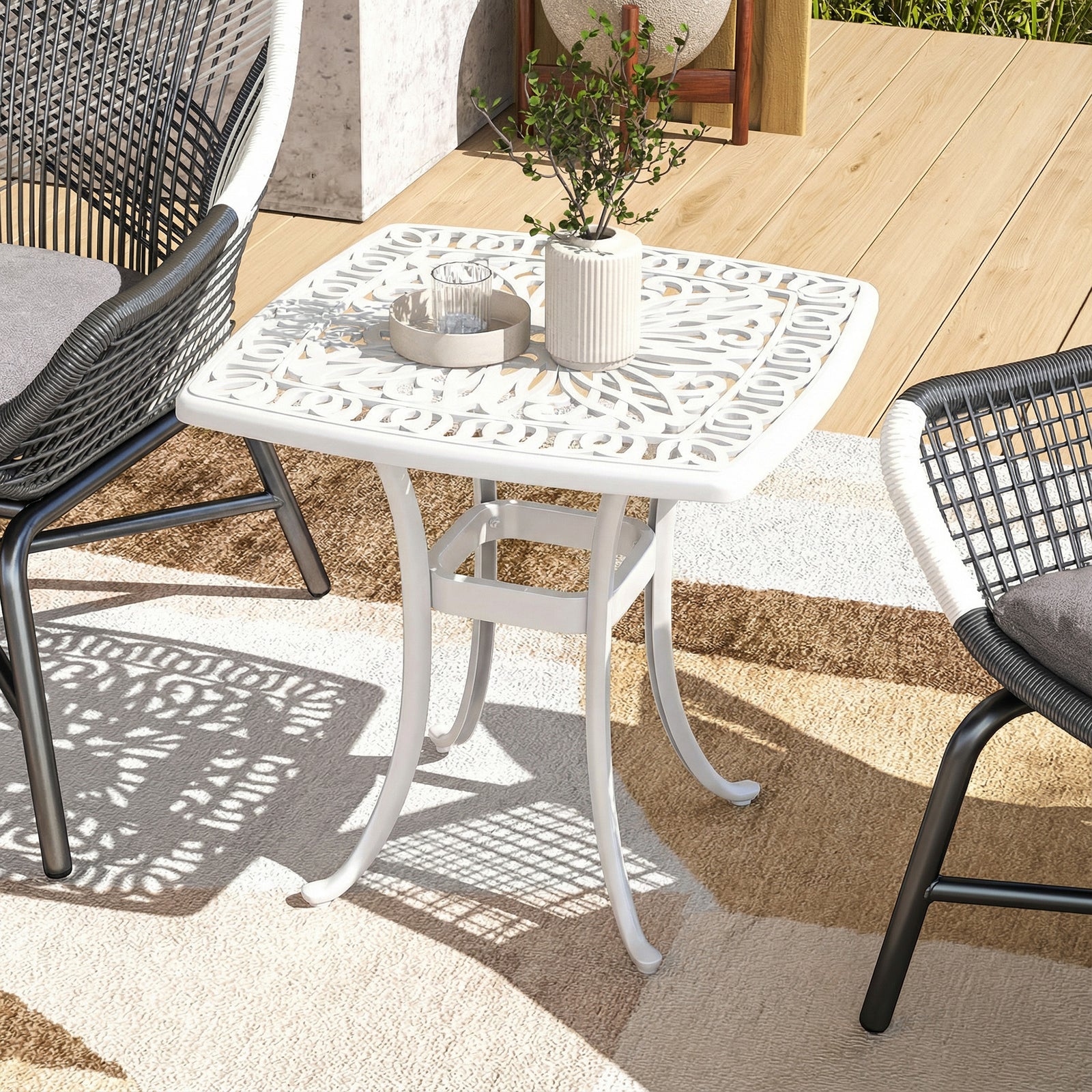 Outsunny 54 X 54cm Aluminium Outdoor Garden Side Table W/ Umbrella Hole, White