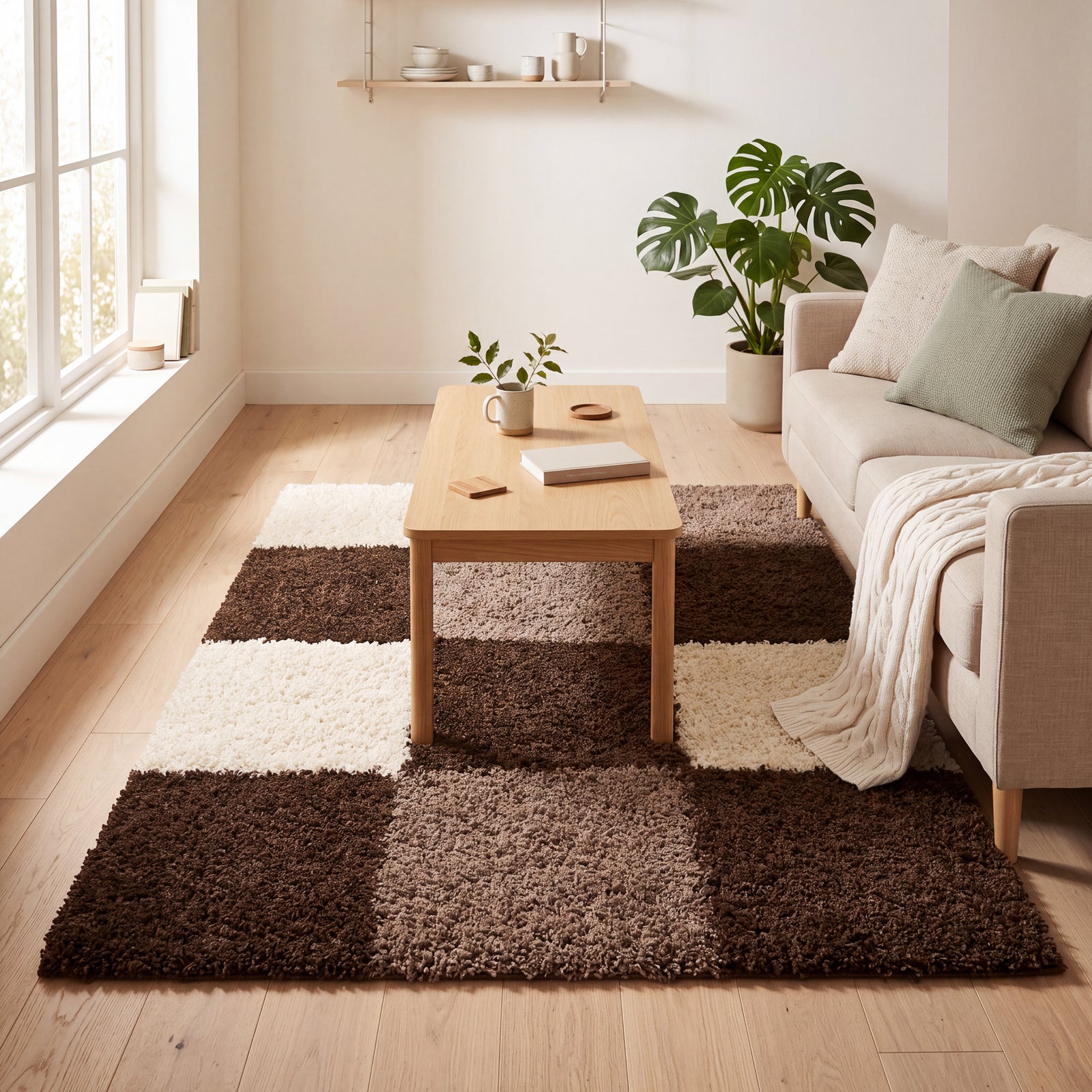 California Checked Shaggy Rug Deep Pile | 80cm x 150cm | Brown