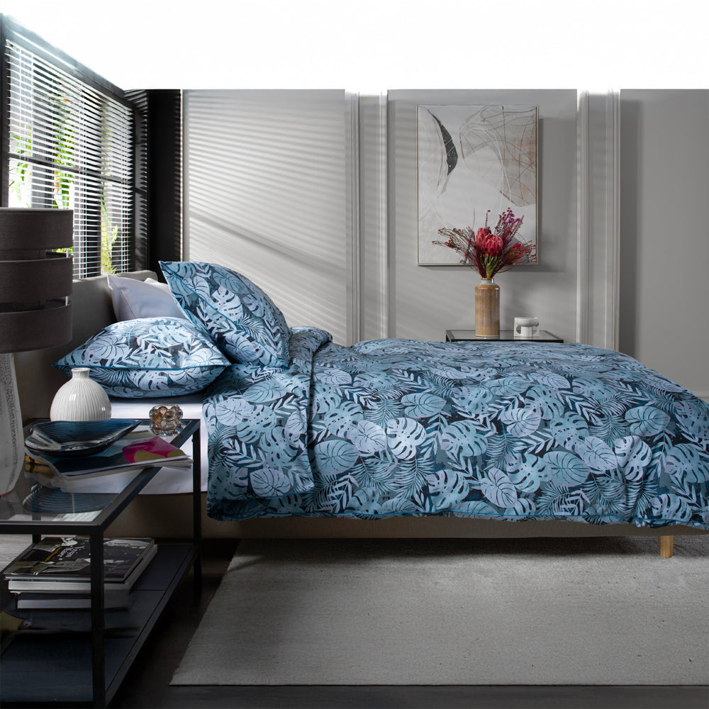 Tropical Garden Blue 100% Cotton Duvet Cover Set With Piped Edging | Single | Blue