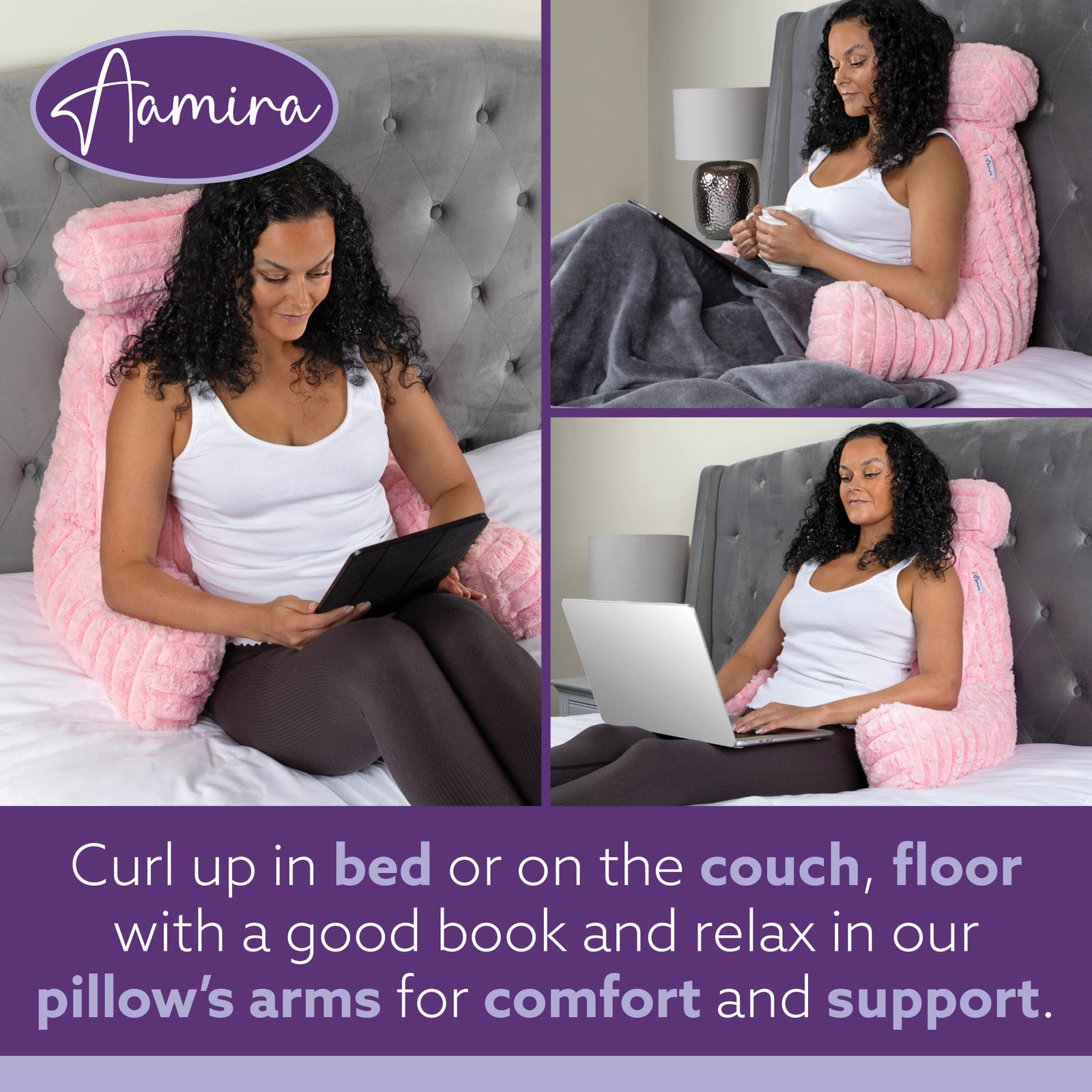Luxurious Xl Reading Pillow Detachable Headrest, Soft Ribbed Faux Fur, Memory Foam Cuddle Cuddle Cushion Backrest | XL | Pink