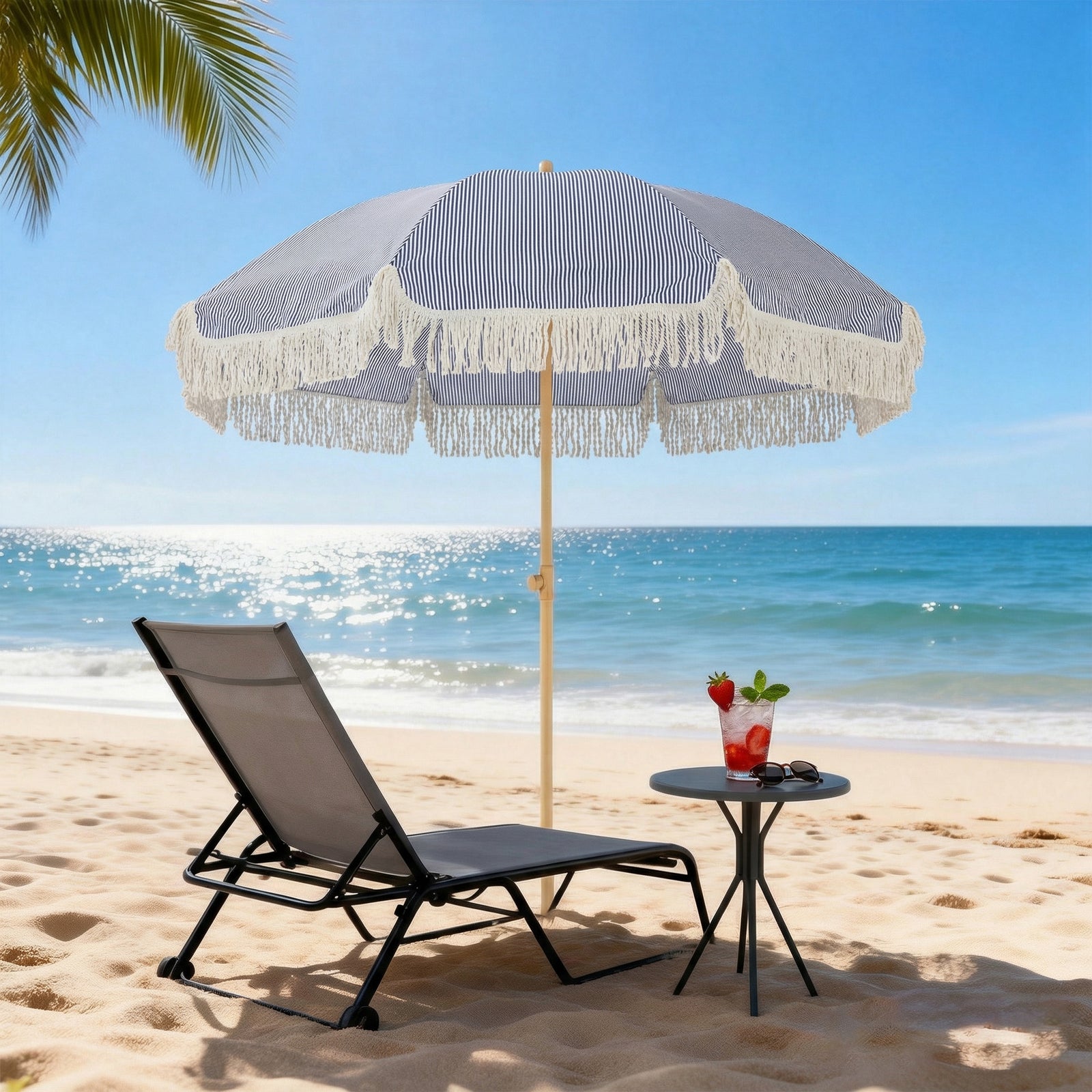 1.7 M Beach Umbrella, Adjustable Height Portable Parasol | Blue & White