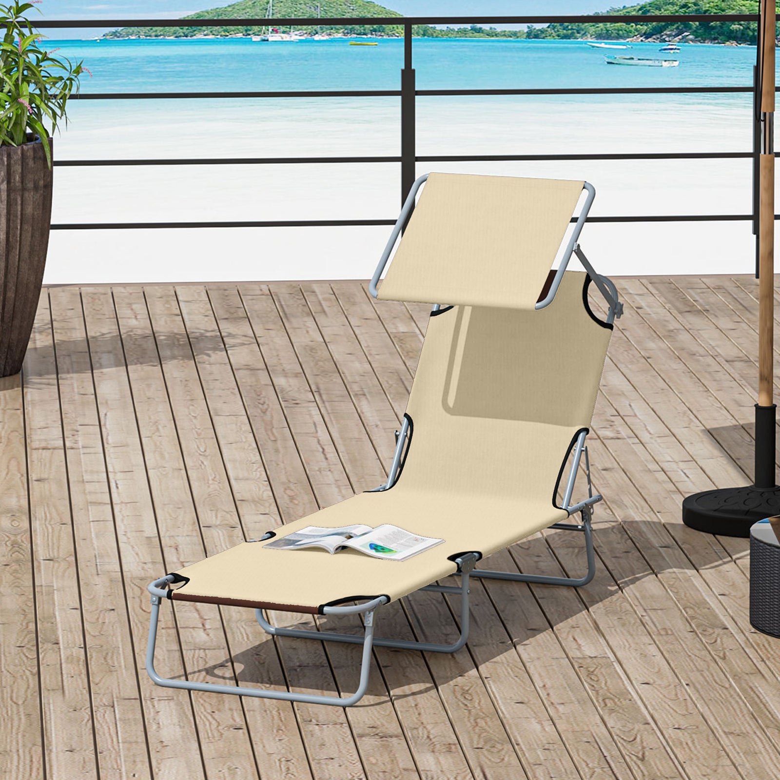 Reclining Sun Lounger Folding Recliner Garden Chair | Set of 1 | Beige