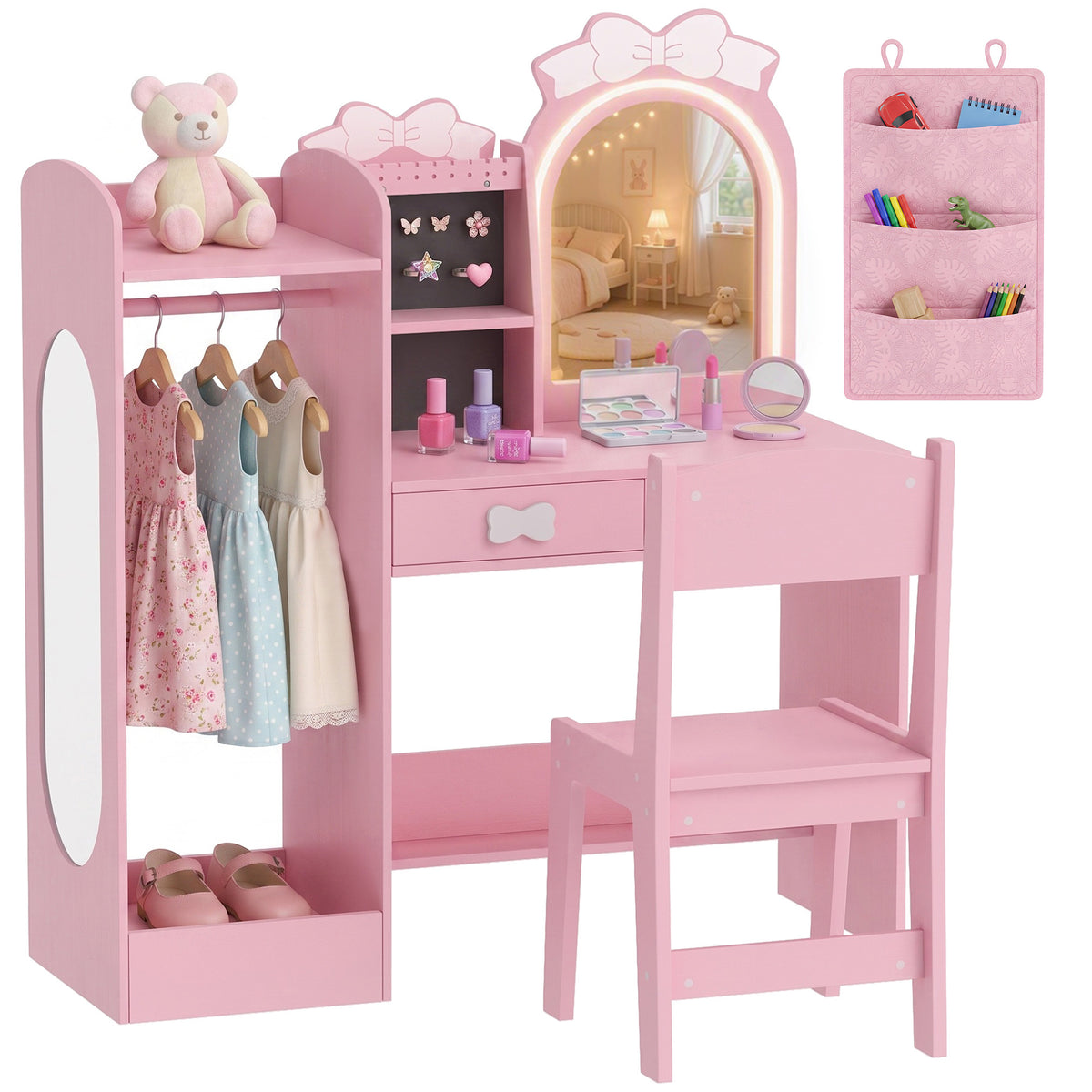 AIYAPLAY Kids Dressing Table With Stool, 2-colour Lights Mirror, Pink