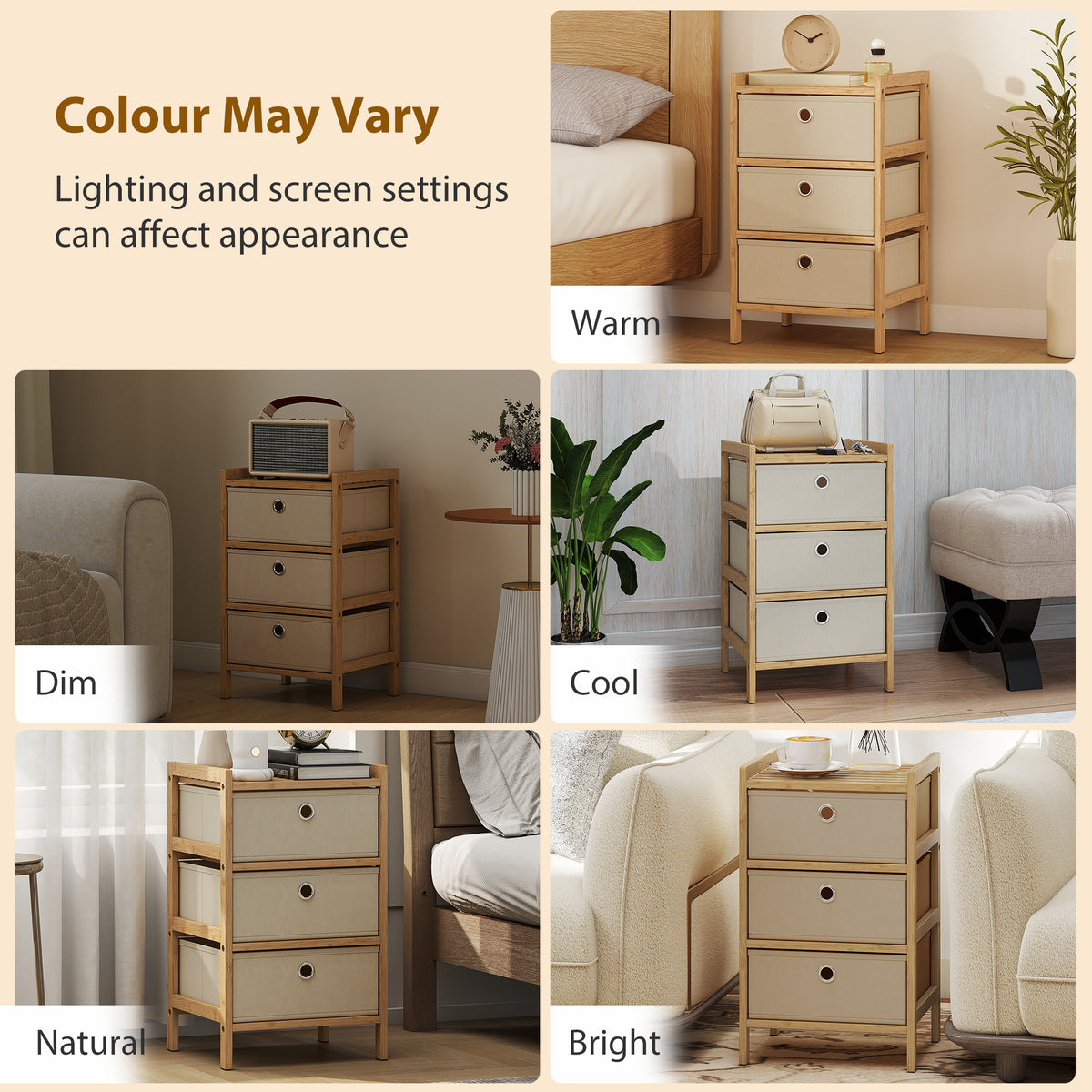 HOMCOM Chest Of Drawers, 3 Drawers Dresser With Bamboo Frame