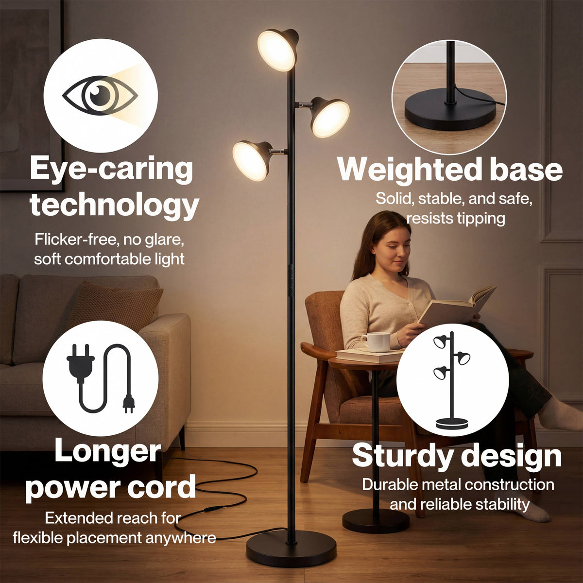 Emitto Floor Lamp, 3-light Dimmable Standing Lamp, Remote Touch, Black