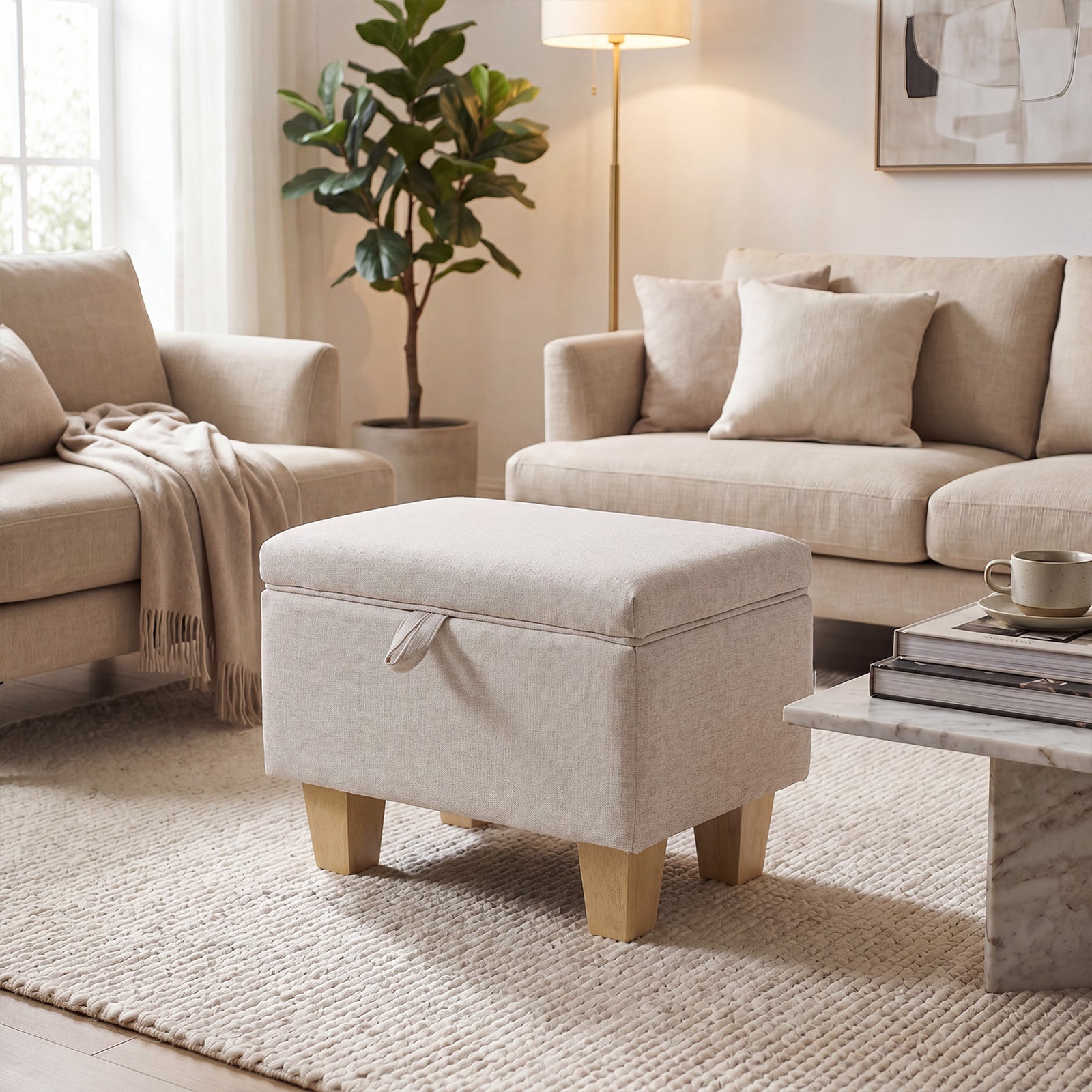 Linen Upholstered Storage Ottoman | Beige