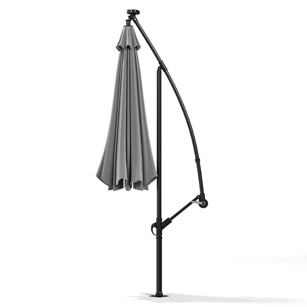 3 M Banana Patio Umbrella Cantilever Garden Parasol With Solar-powered 32 Led Lights, Crank For Opening Closing Without Base | One Size | Light Grey