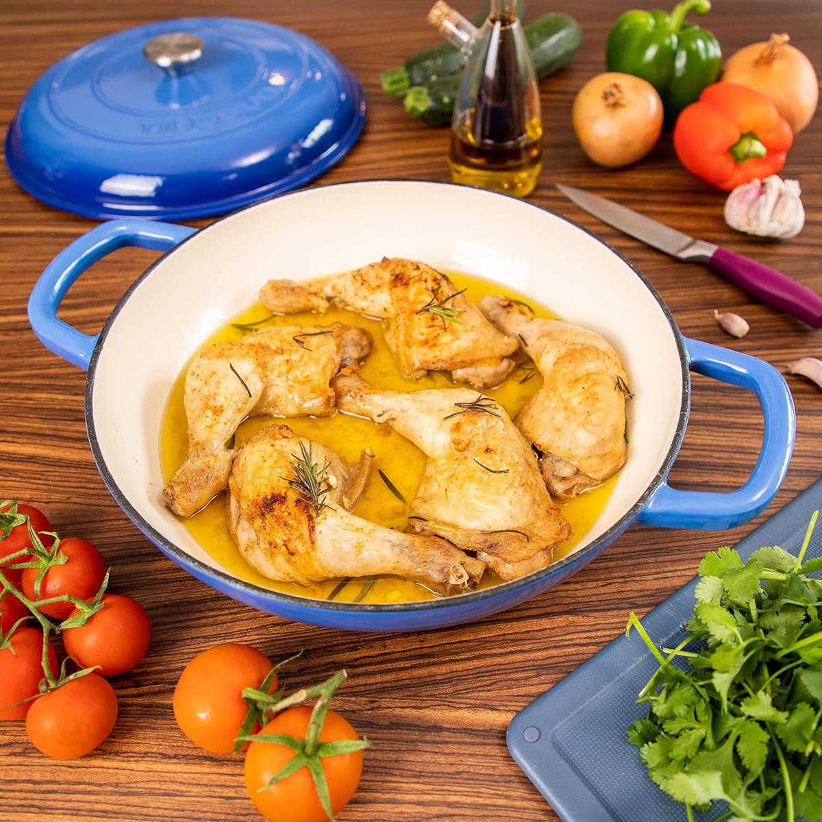Shallow Cast Iron Casserole Pot With Lid  - 30cm , 3.7-quart | Dark Blue