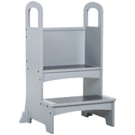 Kids Wooden 2-step Stool Mini Ladder Assistance Unit W/ Non-slip Panels Grey