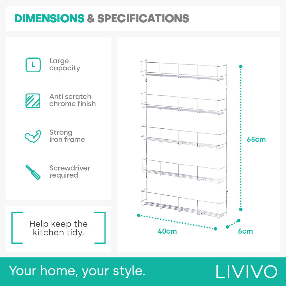 Livivo 5 Tier Cupboard Door Spice Rack Chrome Wall Mounted Kitchen Organiser
