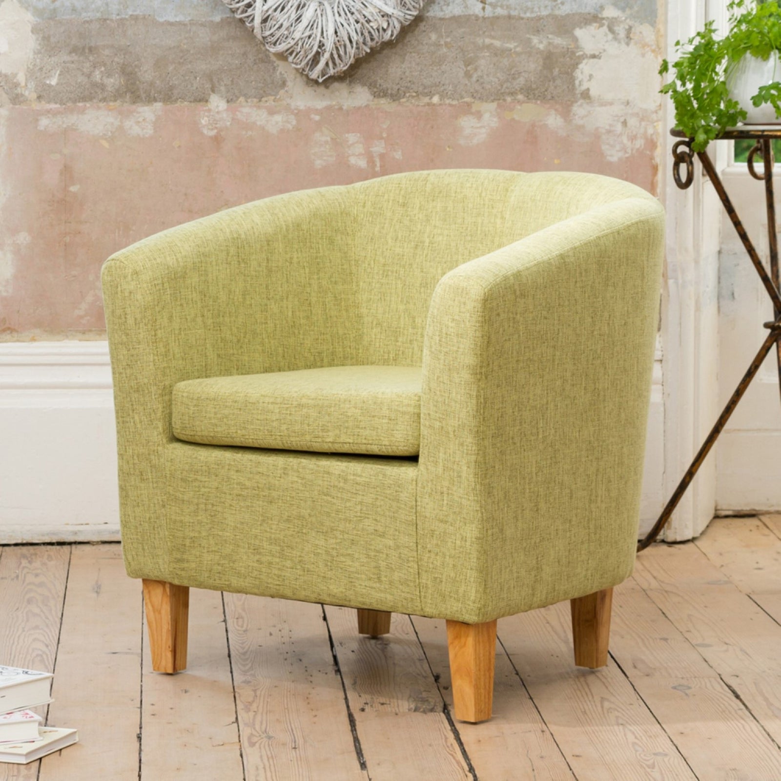 Alderwood 68cm Wide Hessian Fabric Tub Chair With Pine Coloured Legs | Light Yellow
