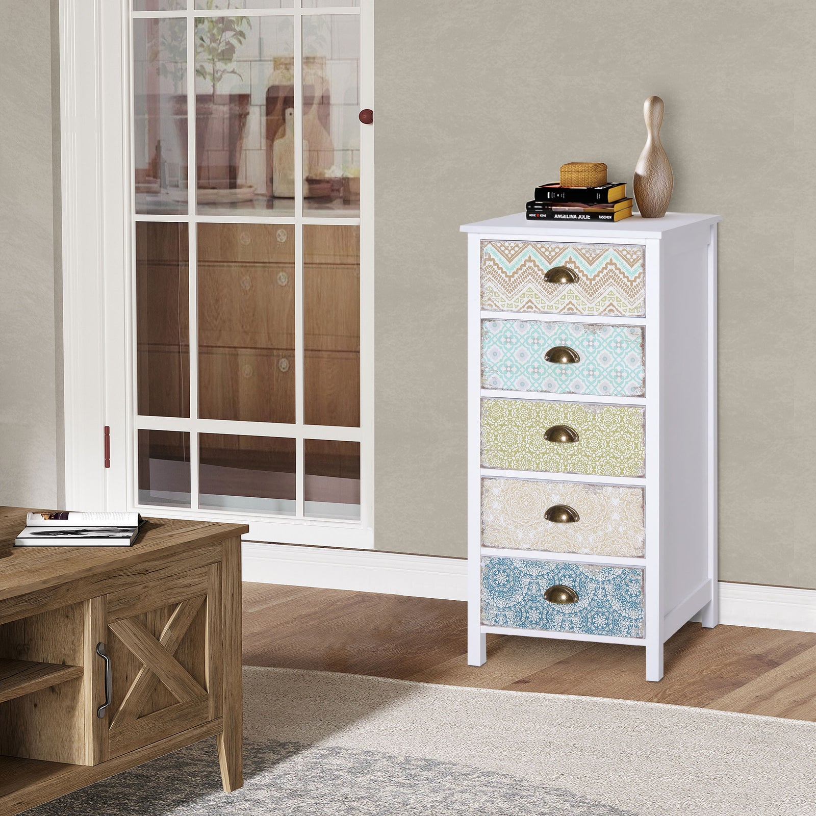 Storage Chest Unit Dresser 5 Drawer Retro Style Wood