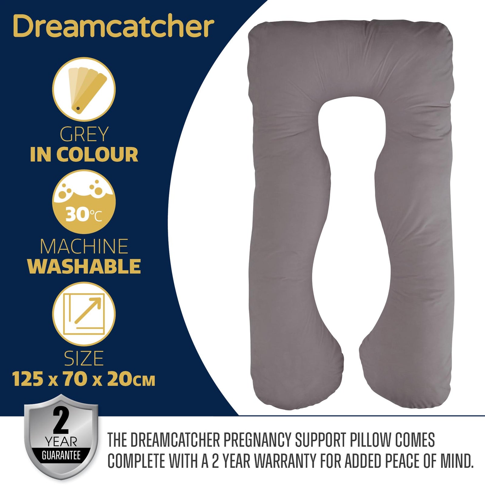 U Shaped Pregnancy Pillow, Maternity Cushion Machine Washable & Removable Velvet Cover | U Shape | Grey