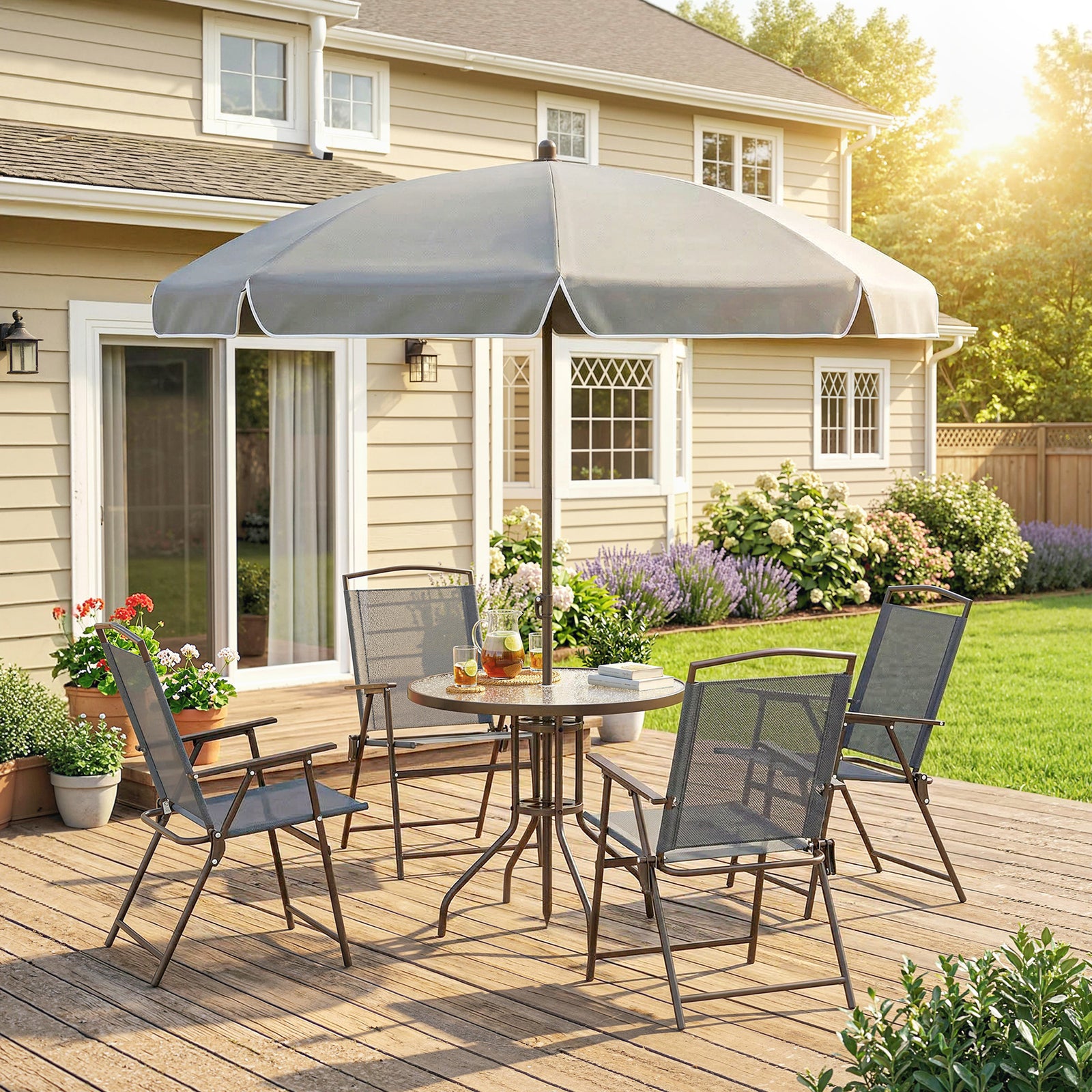 Garden Dining Set, Patio Sets With Tempered Glass Table | Grey