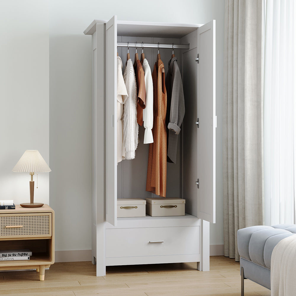 Modern Double-door Wardrobe With Drawer & Hanging Rail | White