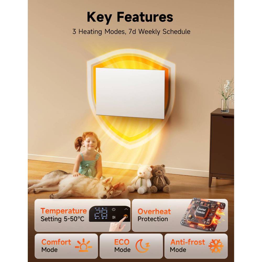 1000w/1500w/2000w Convection Heater With Wifi App & Voice Control, 3 Modes, Smart Thermostat, 24h/7d Timer, Child Lock, Wall Mounted Or Freestanding | Medium