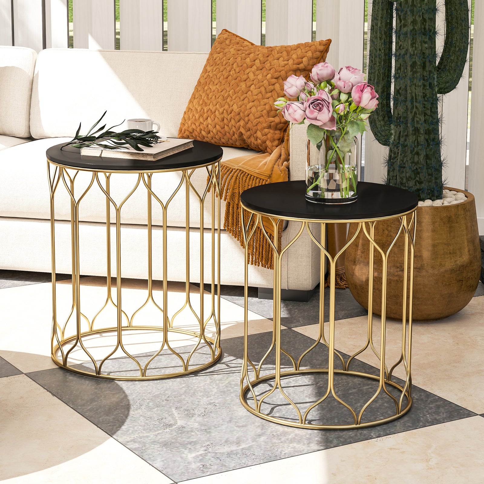 Nesting Small Garden Table Set Of 2 W/ Marble Effect Top | Black