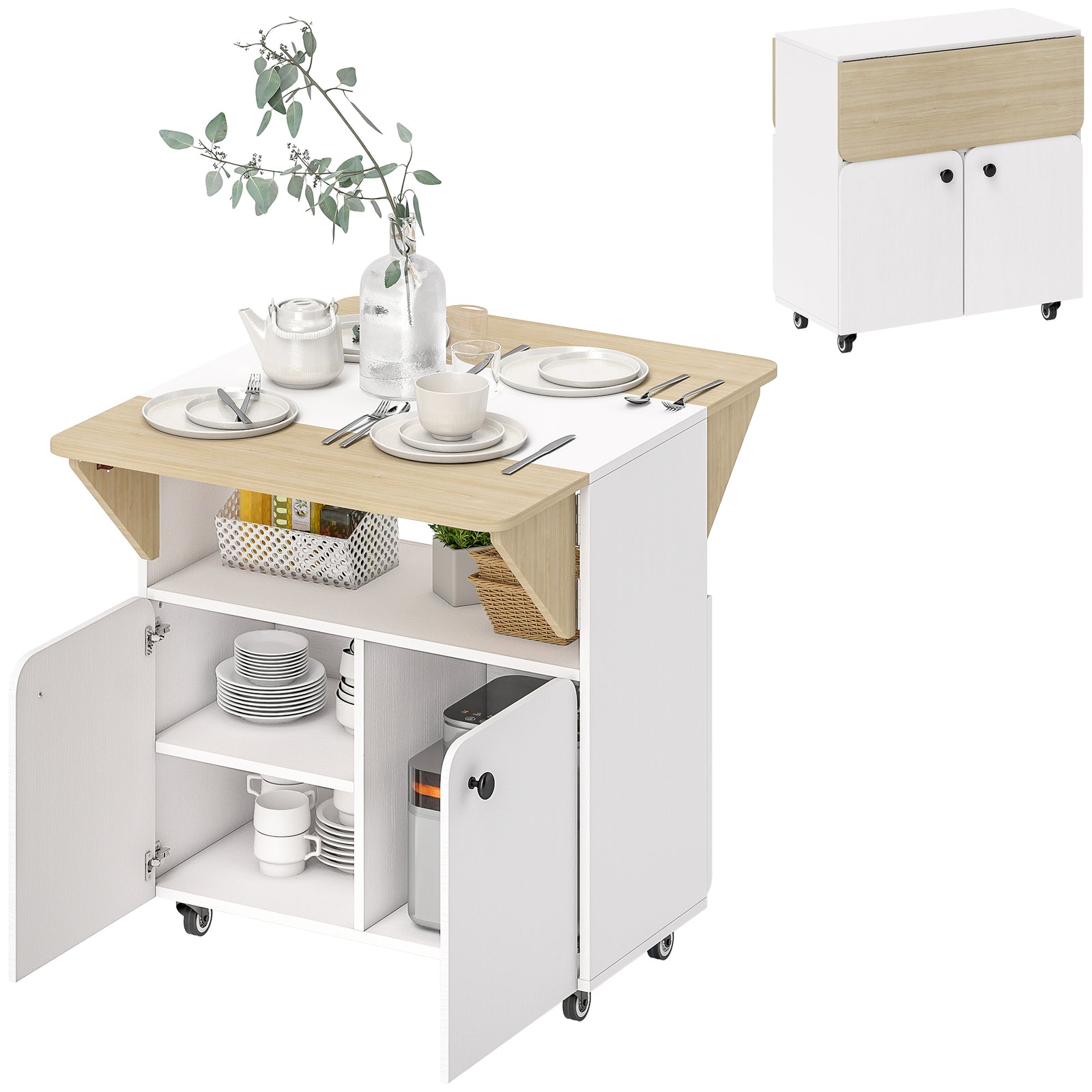 HOMCOM Folding Dining Table, Rolling Drop Leaf Table With Hidden Shelf
