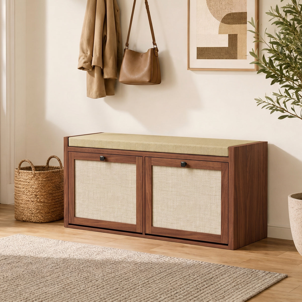 HOMCOM Rattan Shoe Bench With Padded Cushion And 2 Cabinets
