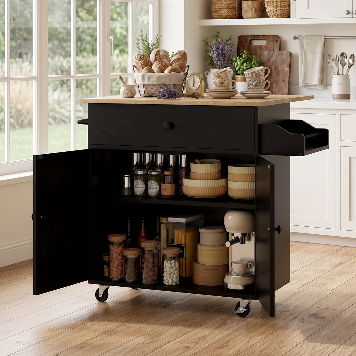 Kitchen Island With Drop Leaf, Rolling Kitchen Storage Trolley | Black