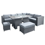 Buxton Rattan 9 Seat Rising Firepit Corner Set | Ocean Grey