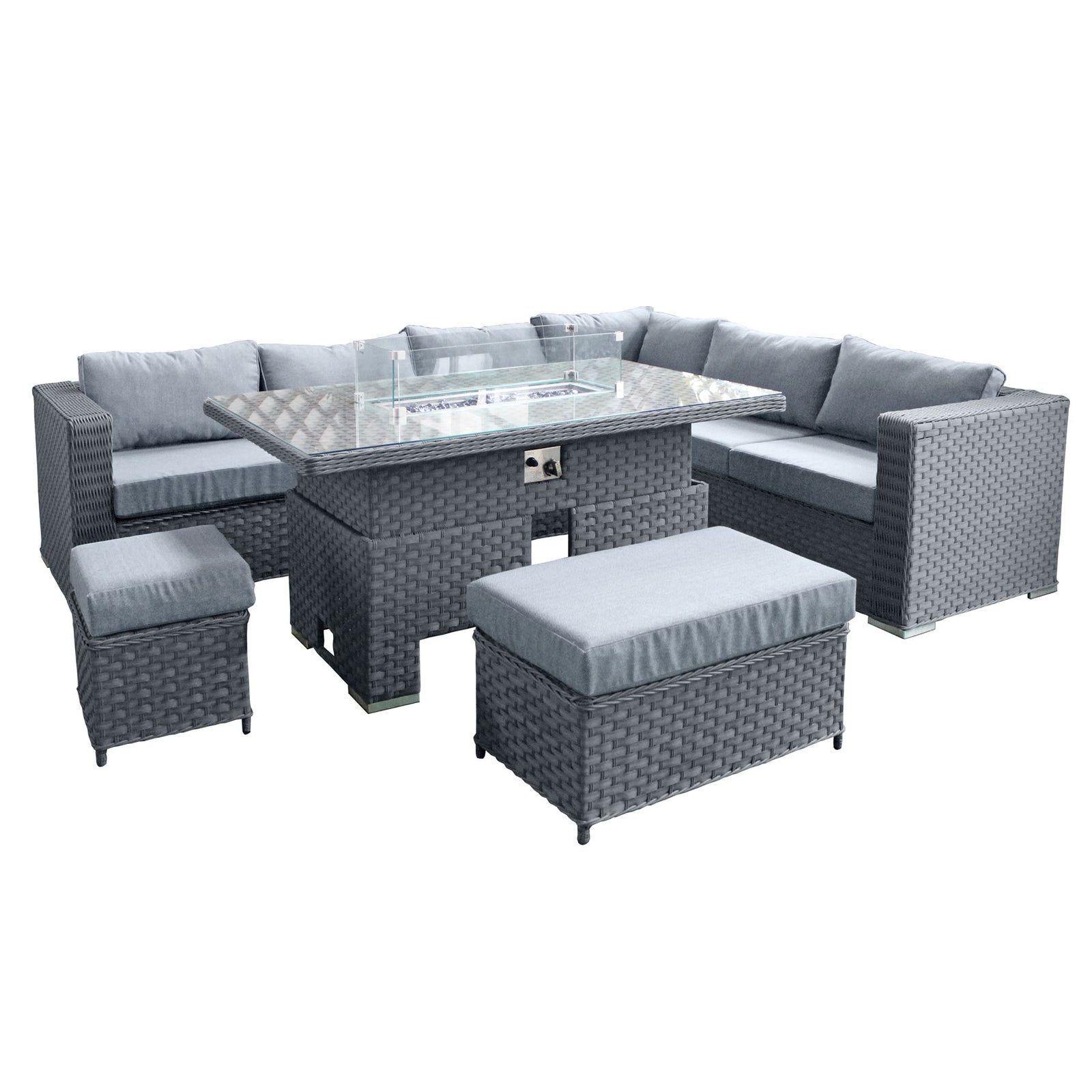 Buxton Rattan 9 Seat Rising Firepit Corner Set | Ocean Grey