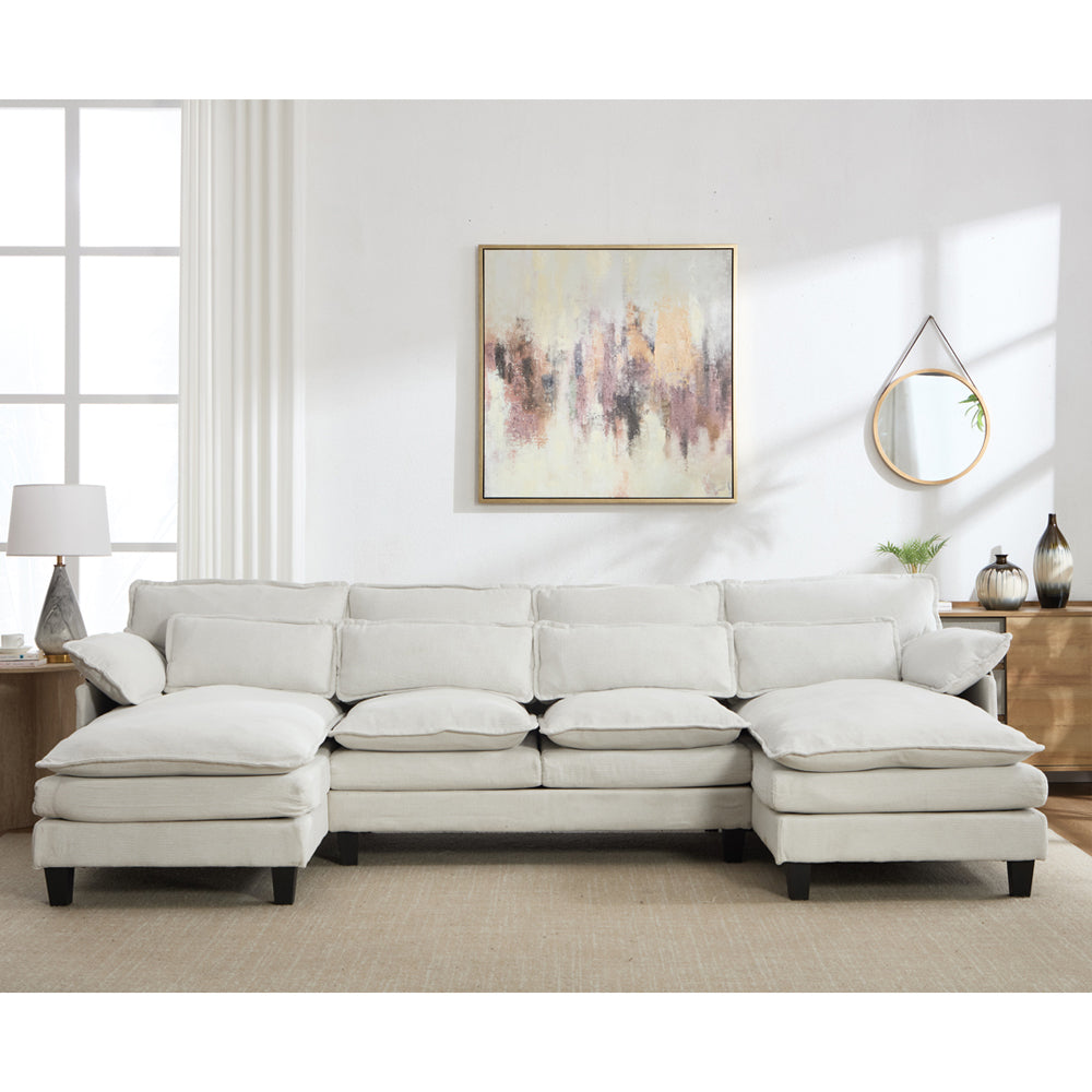 U-shaped Textured Breathable Chenille Sectional Sofa With Dual Chaise – Modular Living Room Couch With Lumbar Cushions | Beige